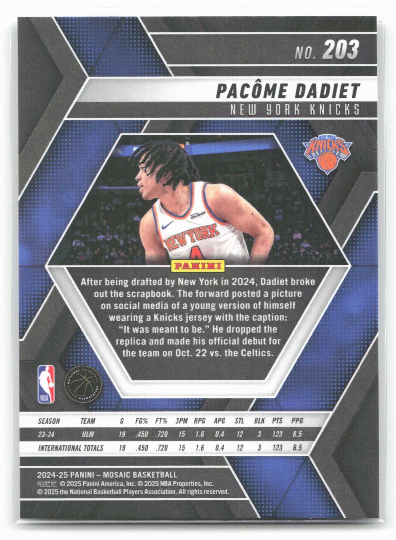 2024-25 Panini Mosaic #203 Pacome Dadiet