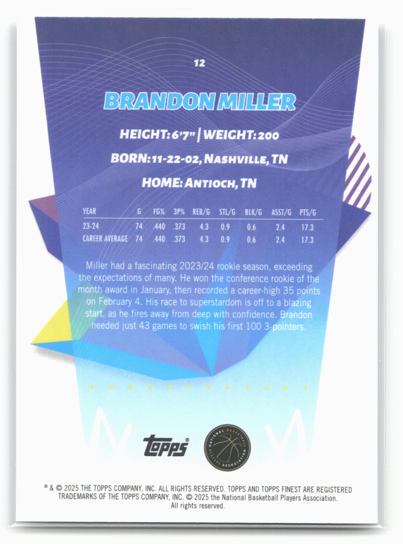 2024-25 Finest #12 Brandon Miller 20445