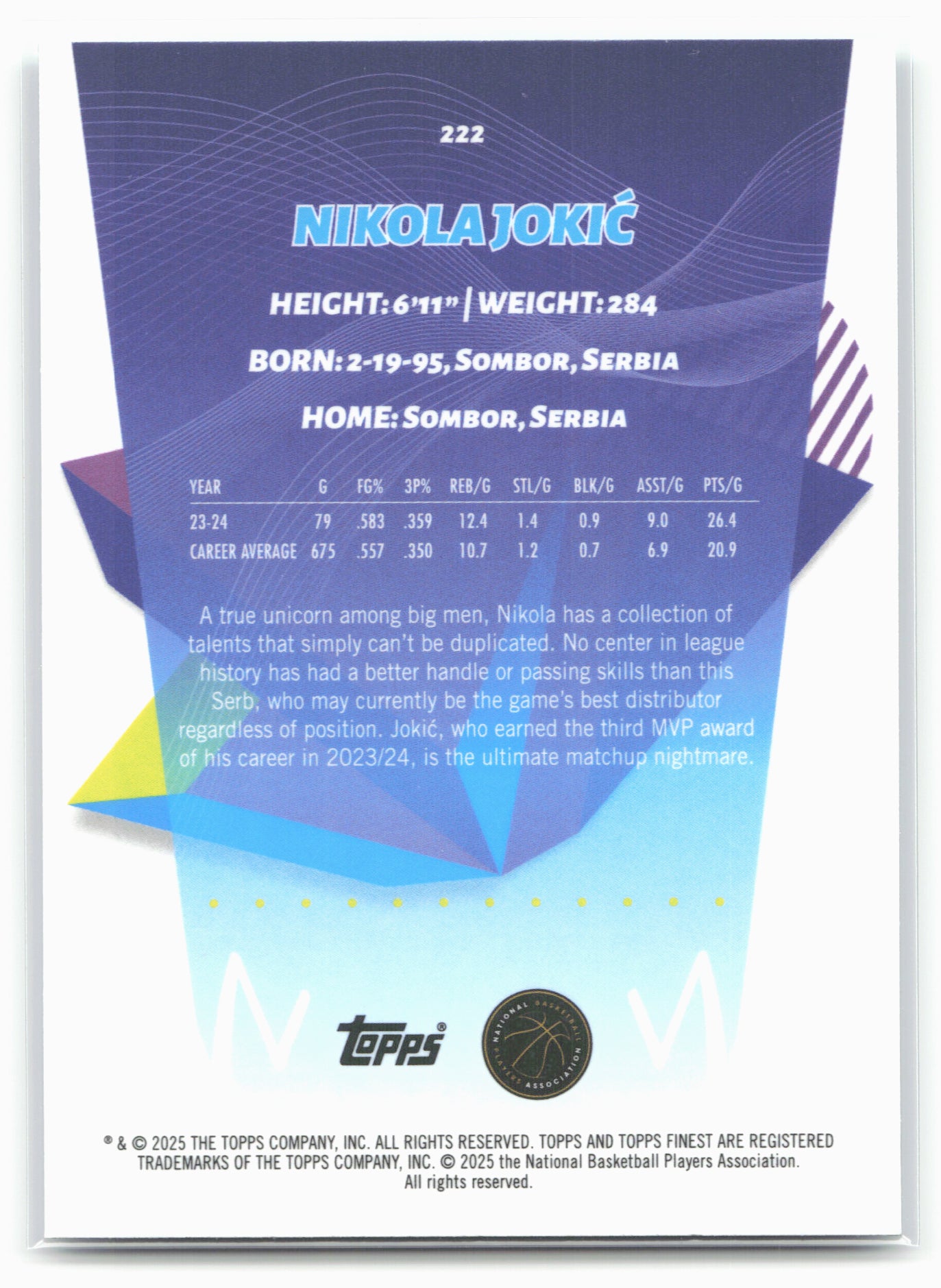 2024-25 Finest #222 Nikola Jokić Sky Blue Refractor 20450