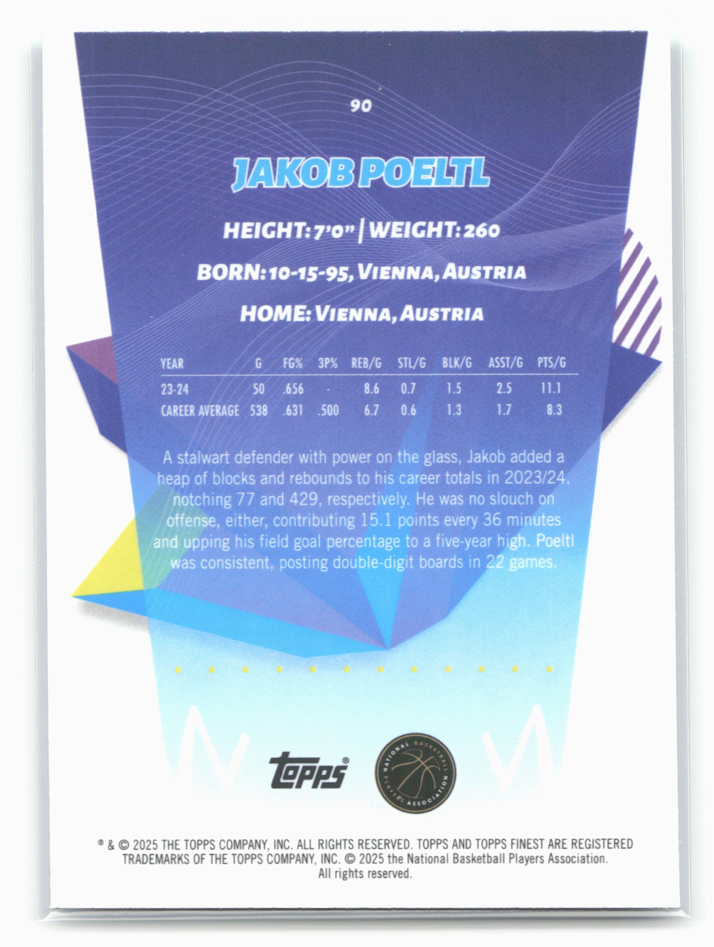 2024-25 Finest #90 Jakob Poeltl Sky Blue Refractor 20451