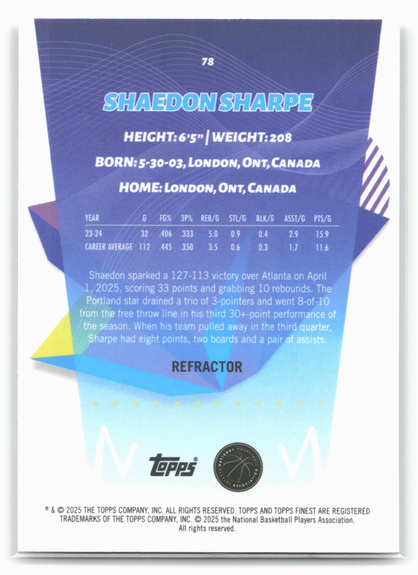 2024-25 Finest #78 Shaedon Sharpe Refractor 20454