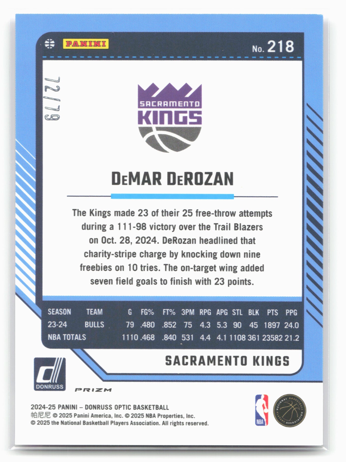 2024-25 Donruss Optic #218 DeMar DeRozan Pink Velocity #/79