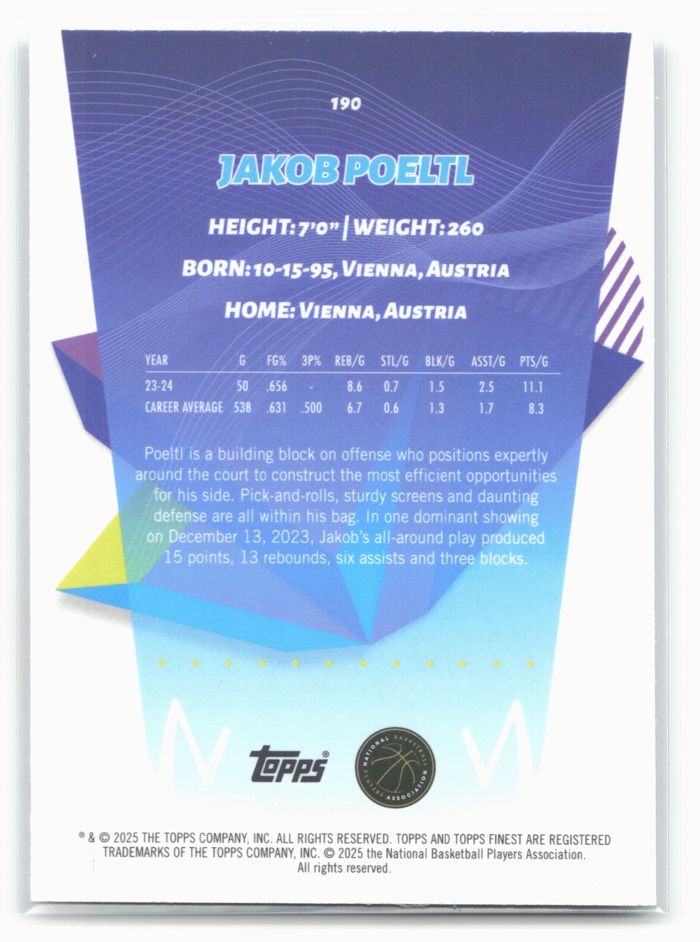 2024-25 Finest #190 Jakob Poeltl Sky Blue Refractor