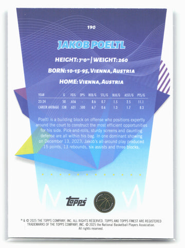 2024-25 Finest #190 Jakob Poeltl Sky Blue Refractor