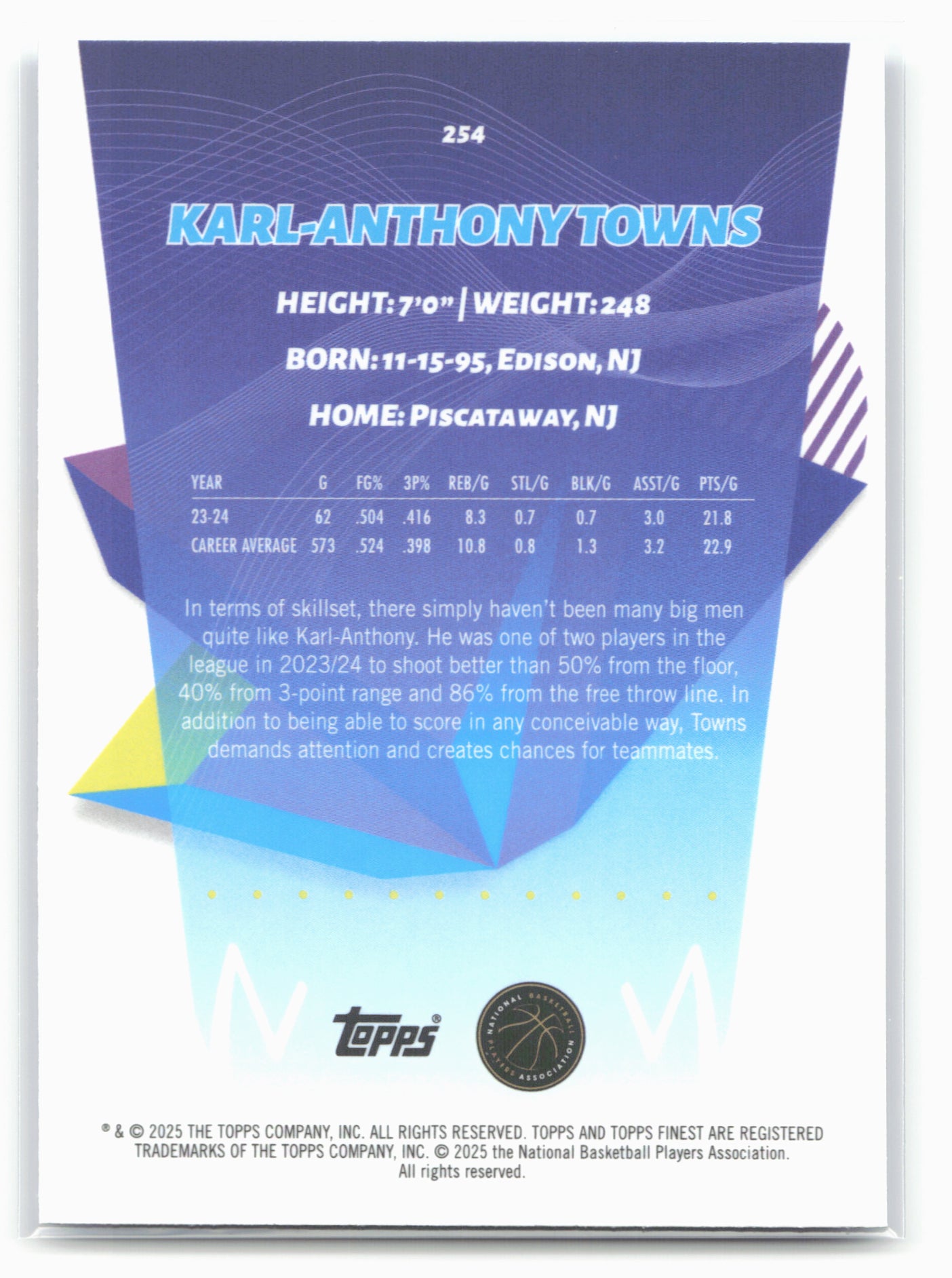 2024-25 Finest #254 Karl-Anthony Towns Blue Refractor #/99