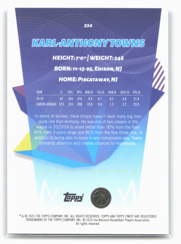 2024-25 Finest #254 Karl-Anthony Towns Blue Refractor #/99