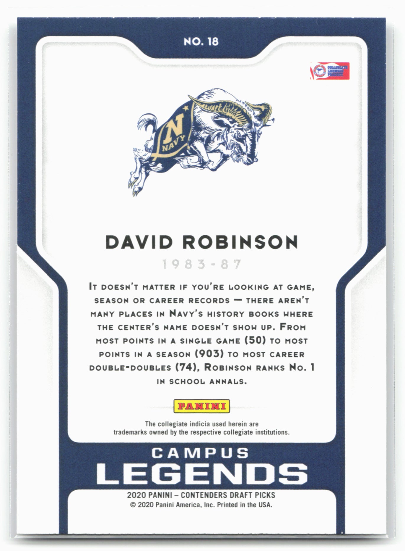 2020 Panini Contenders Draft Picks #18 David Robinson Campus Legends 20591