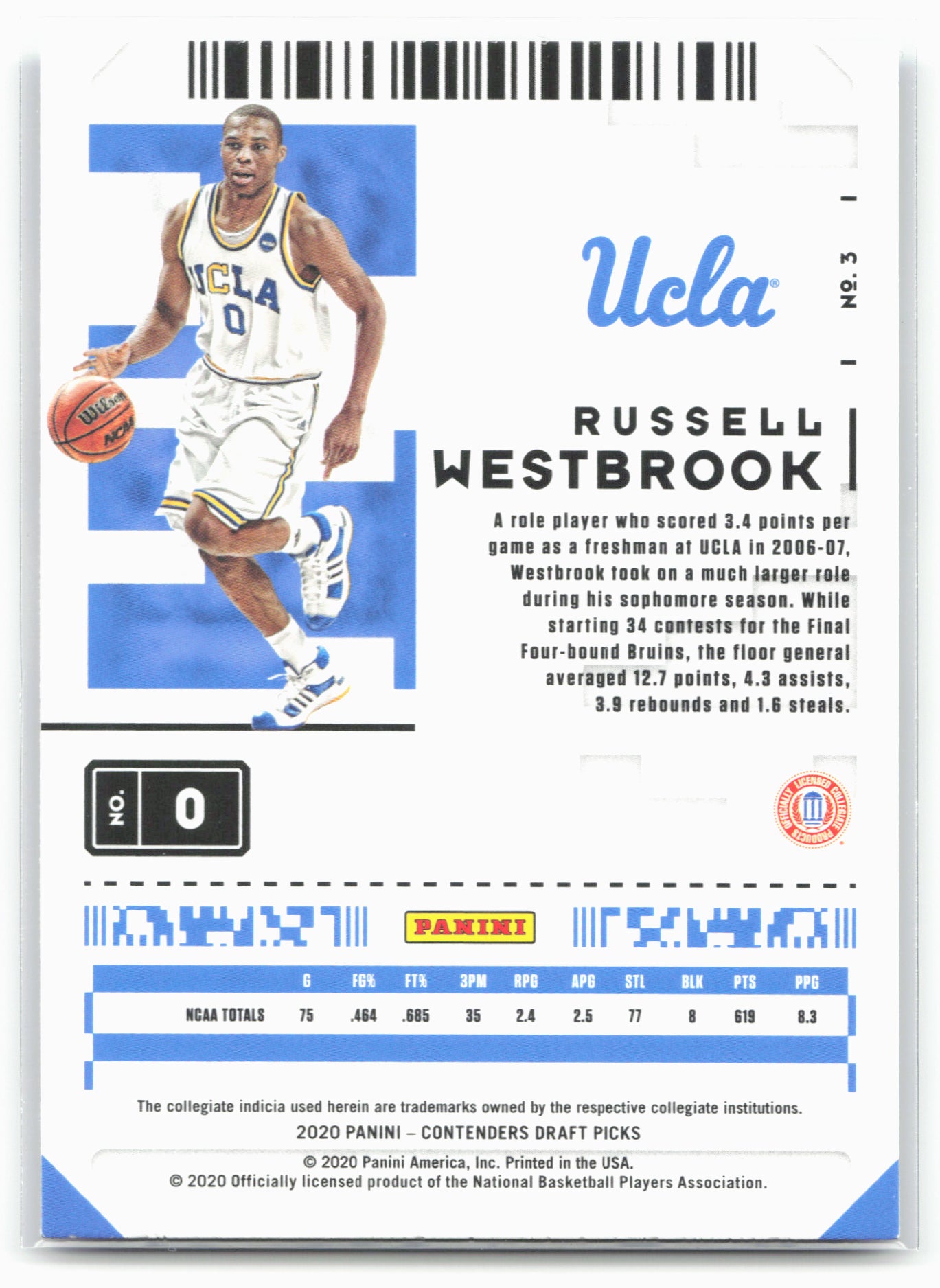 2020 Panini Contenders Draft Picks #3 Russell Westbrook Campus Ticket 20593