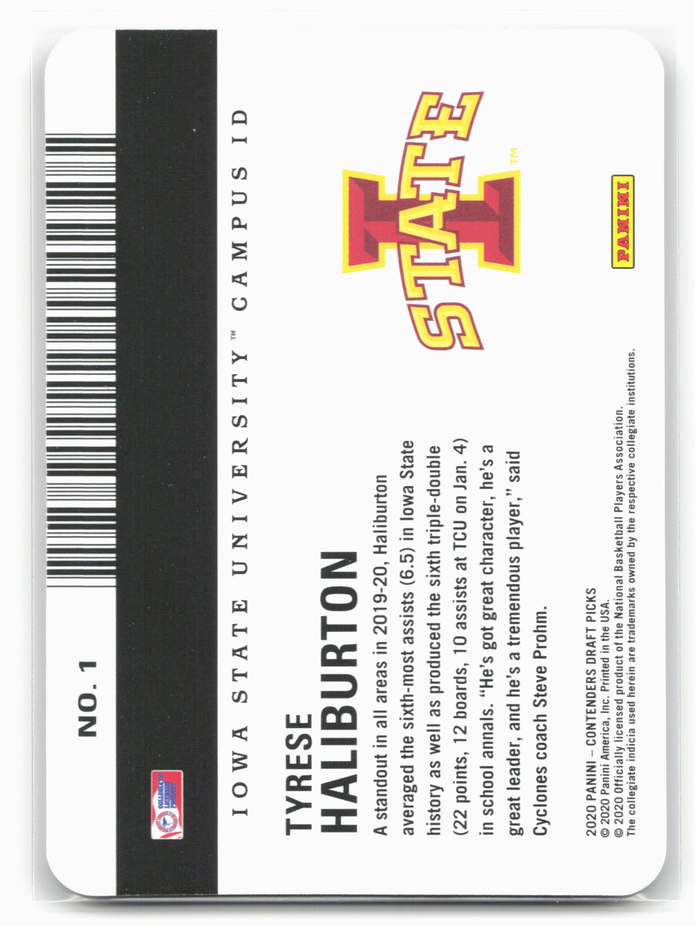 2020 Panini Contenders Draft Picks #1 Tyrese Haliburton Campus ID