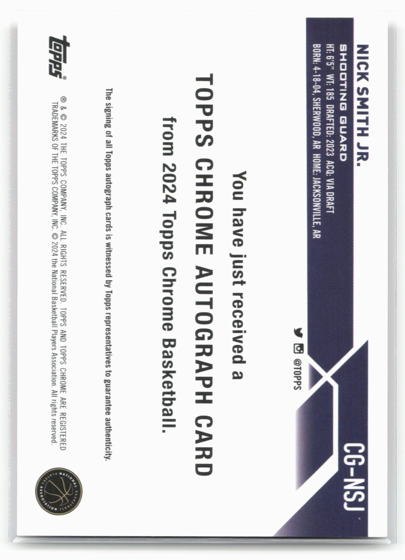 2023-24 Topps Chrome Sapphire #CG-NSJ Nick Smith Jr. Autographs Orange #/25