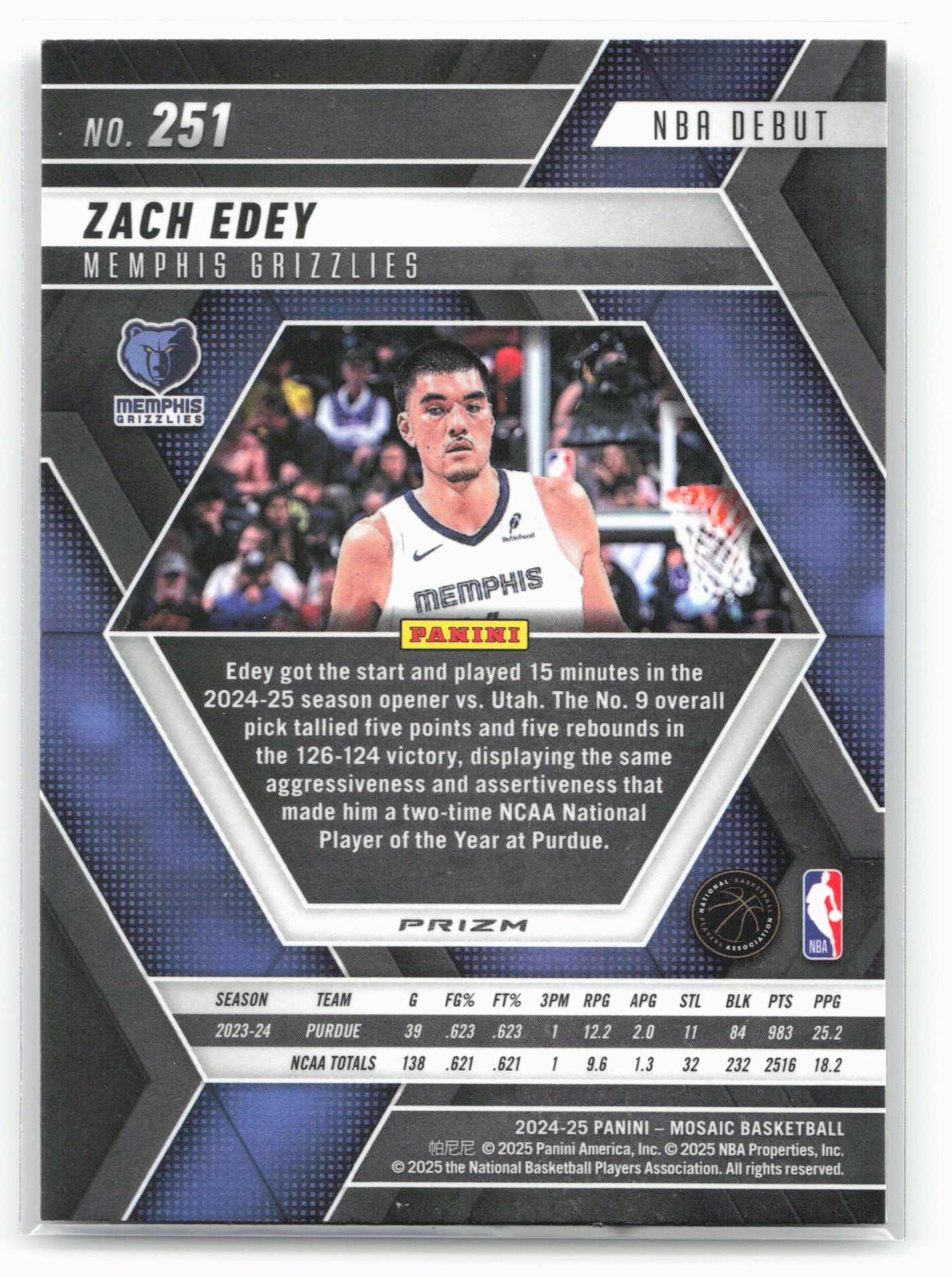 2024-25 Panini Mosaic #251 Zach Edey Fast Break Silver Mosaic