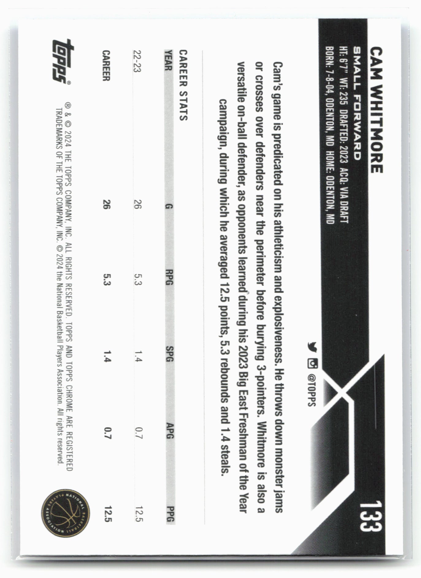 2023-24 Topps Chrome Sapphire Edition #133 Cam Whitmore