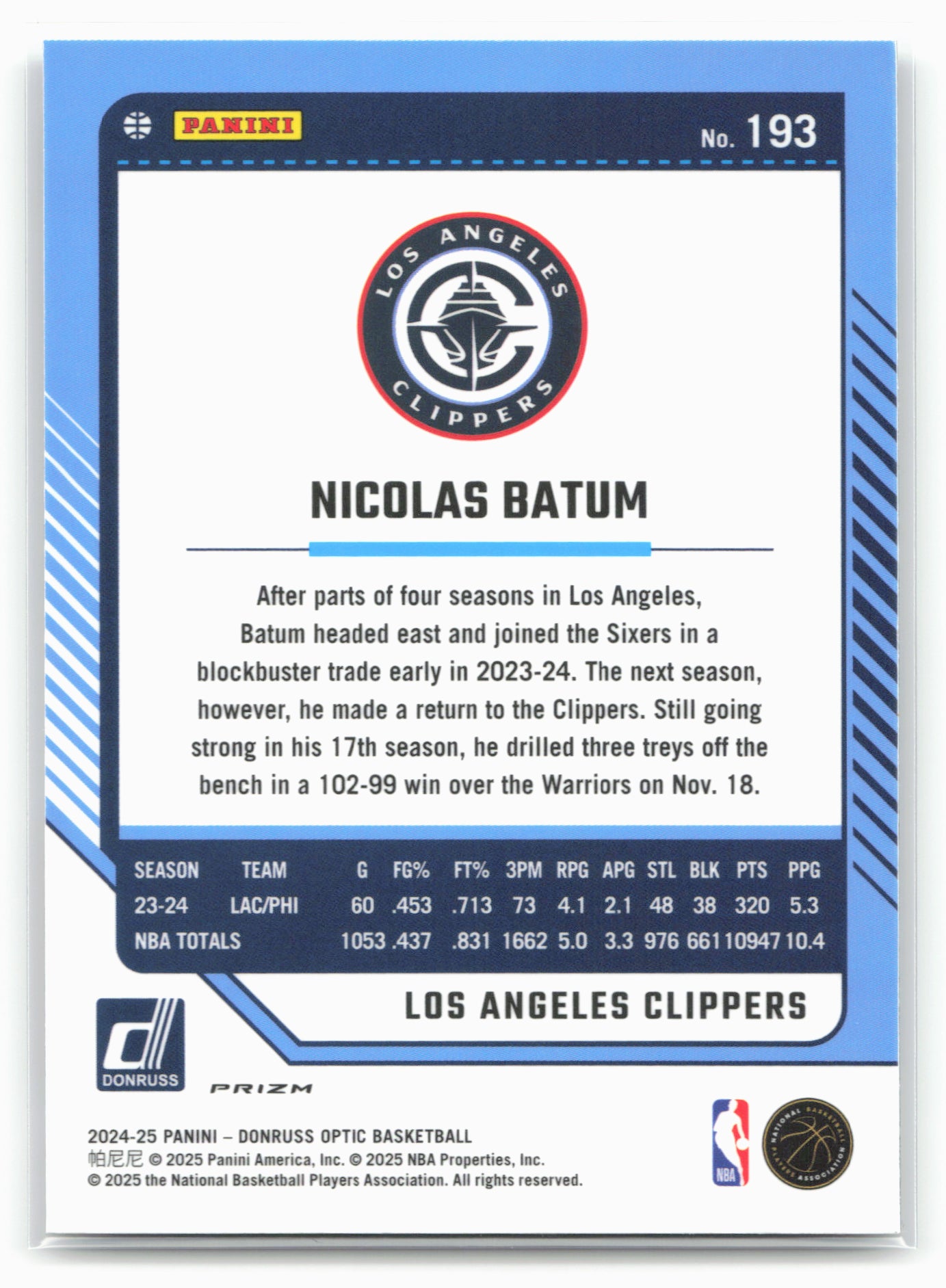 2024-25 Donruss Optic #193 Nicolas Batum Holo