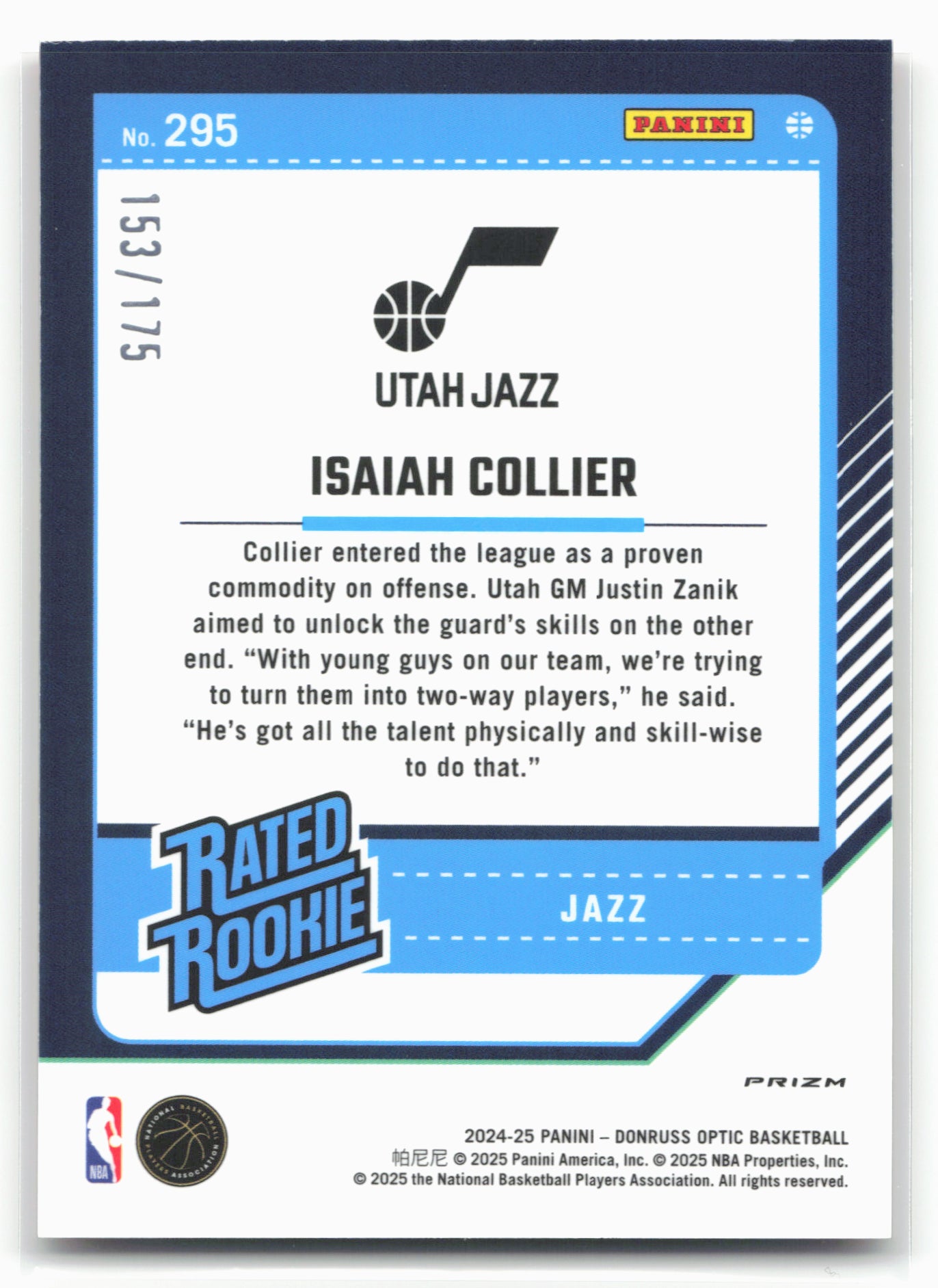 2024-25 Donruss Optic #295 Isaiah Collier Orange #/175