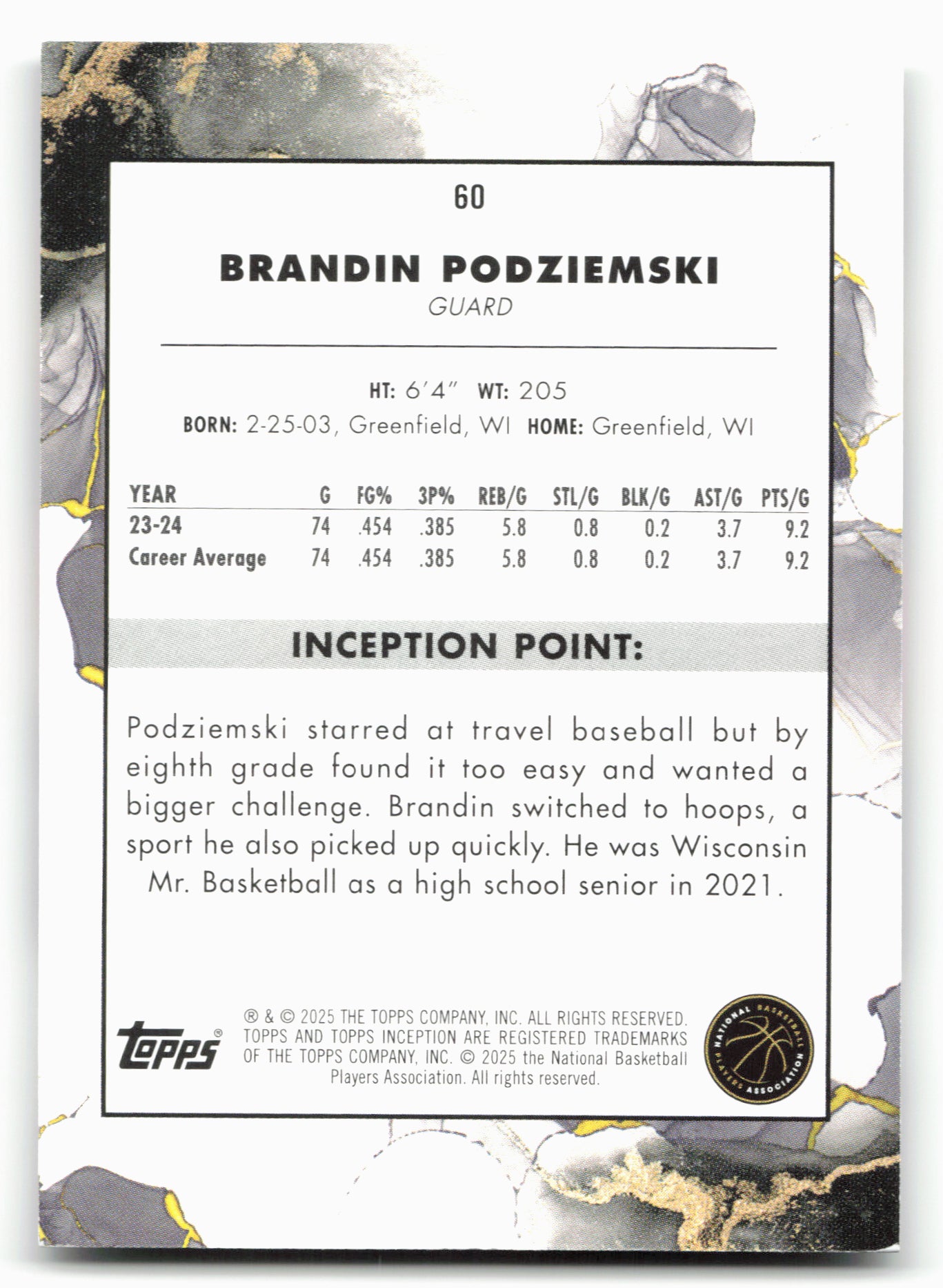 2024-25 Topps Inception #60 Brandin Podziemski