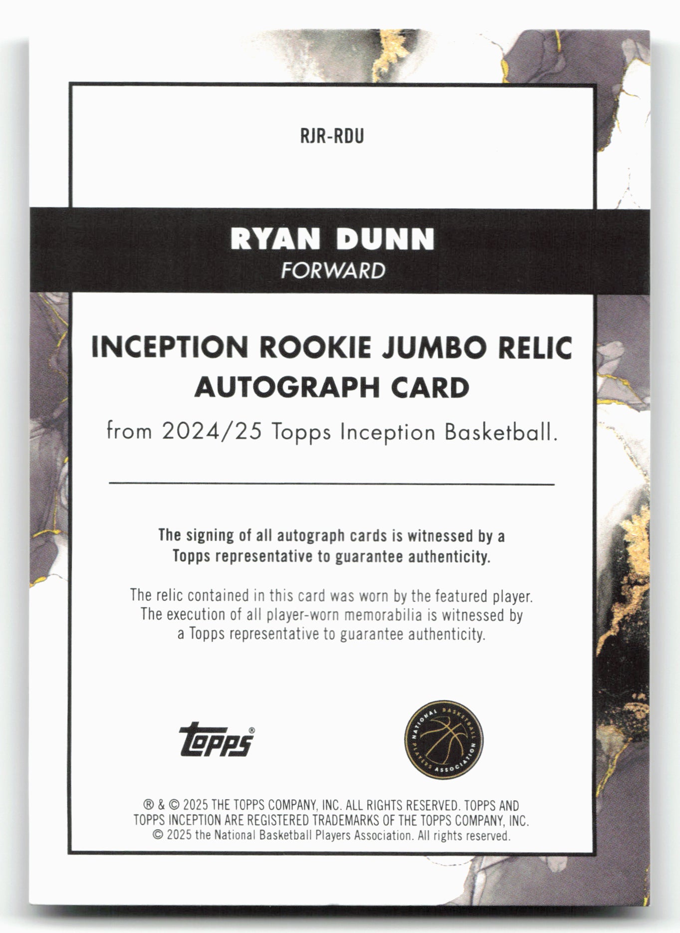 2024-25 Topps Inception #RJR-RDU Ryan Dunn Jumbo Relic Gold 44/50
