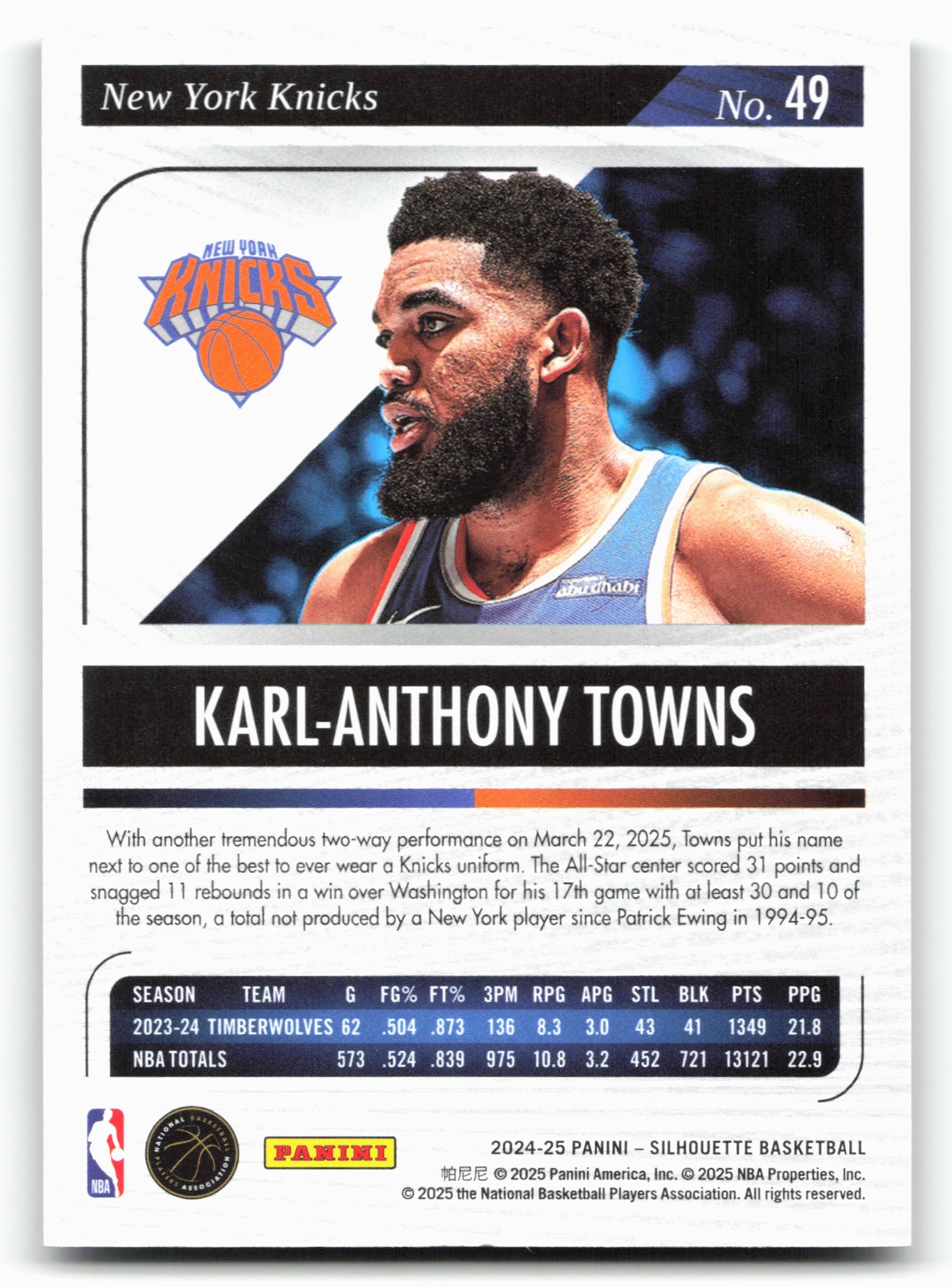 2024-25 Panini Silhouette Karl-Anthony Towns Red 65/75