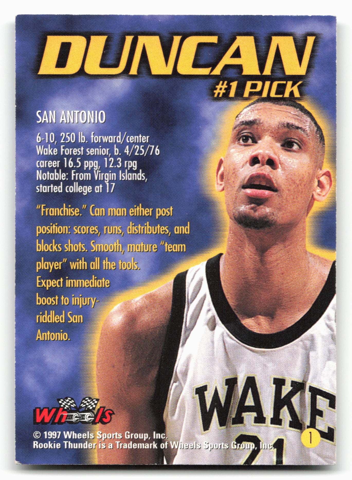 1997 Wheels Rookie Thunder #1 Tim Duncan
