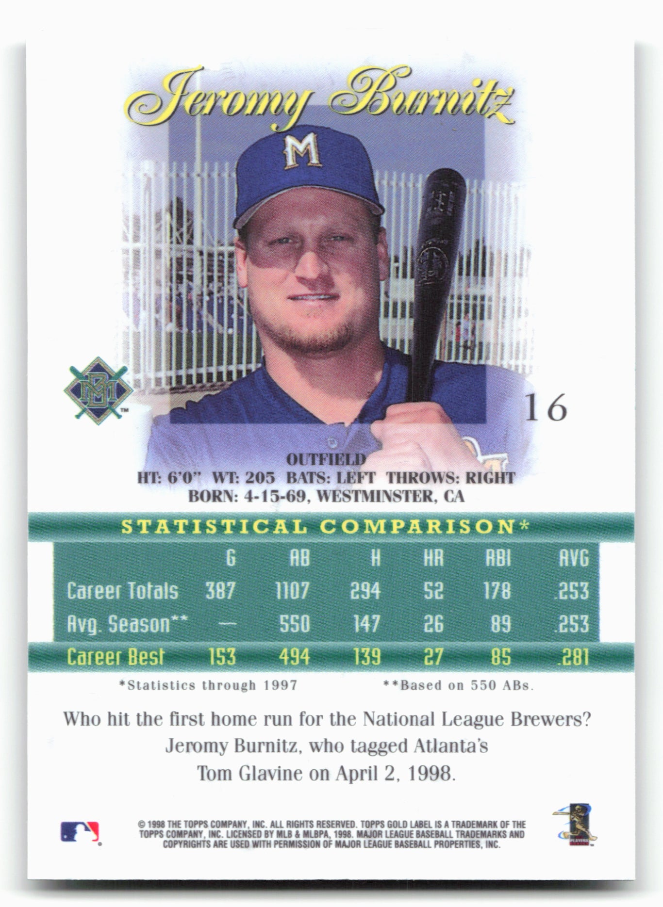1998 Topps Gold Label #16 Jeromy Burnitz