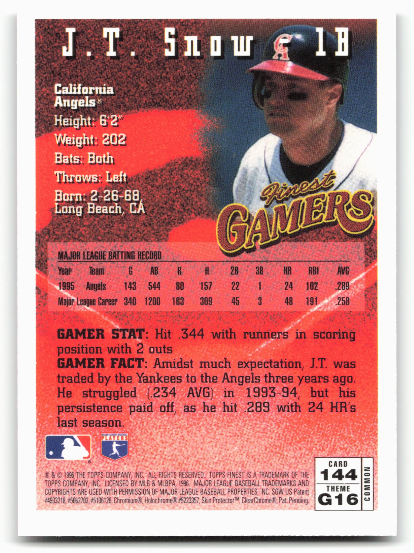 1996 Finest #144 J.T. Snow