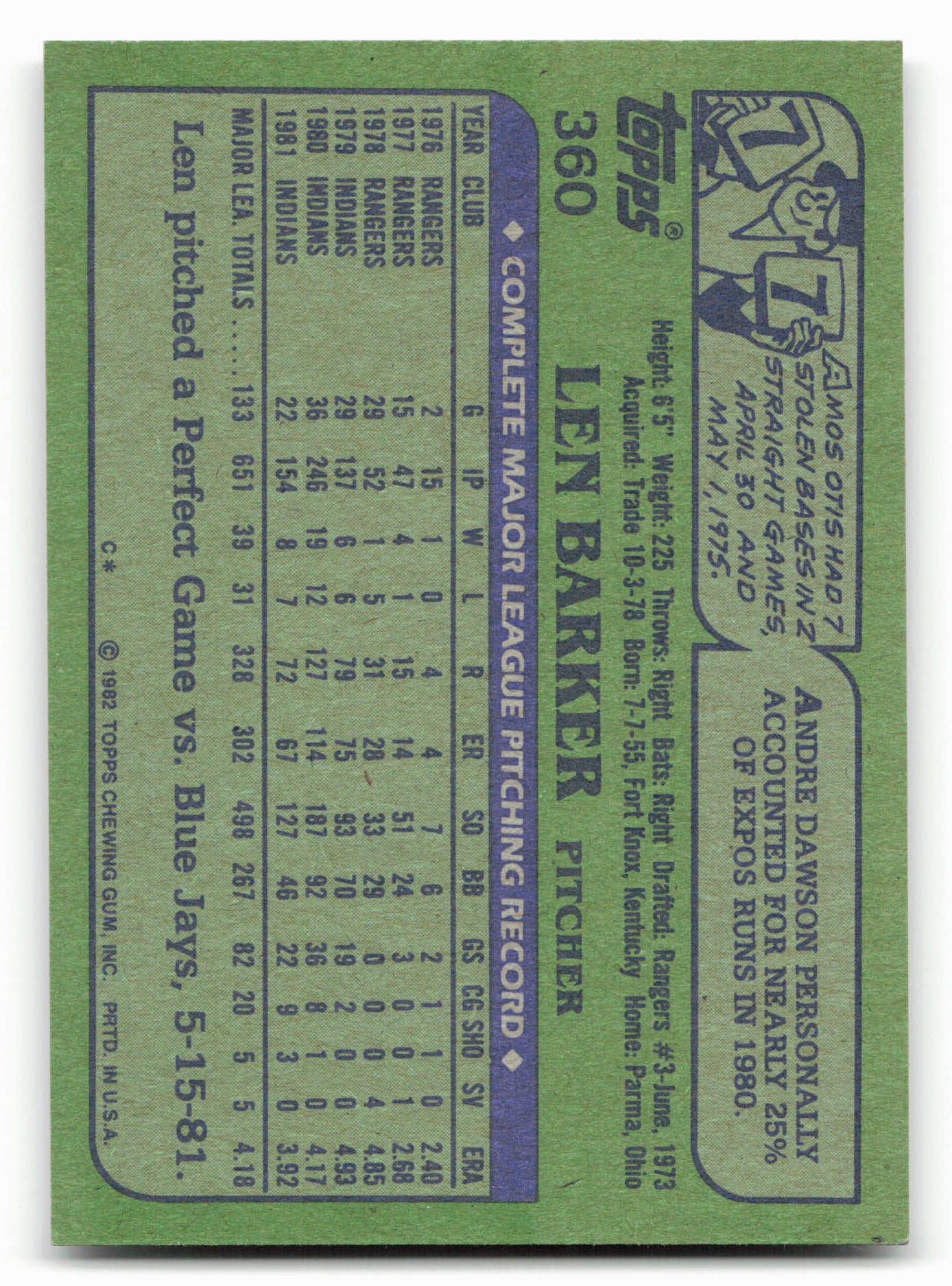 1982 Topps #360 Len Barker