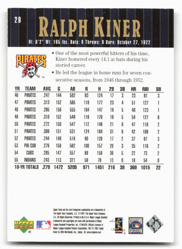 2001 Upper Deck Hall of Famers #29 Ralph Kiner
