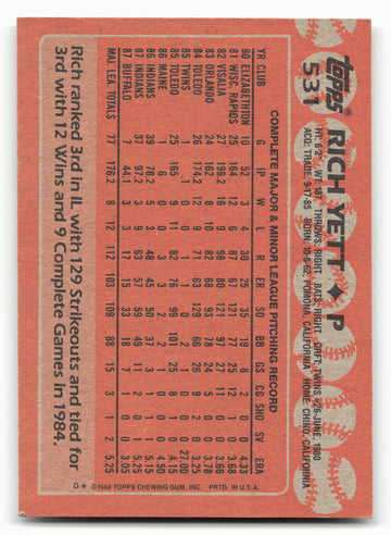 1988 Topps #531 Rich Yett