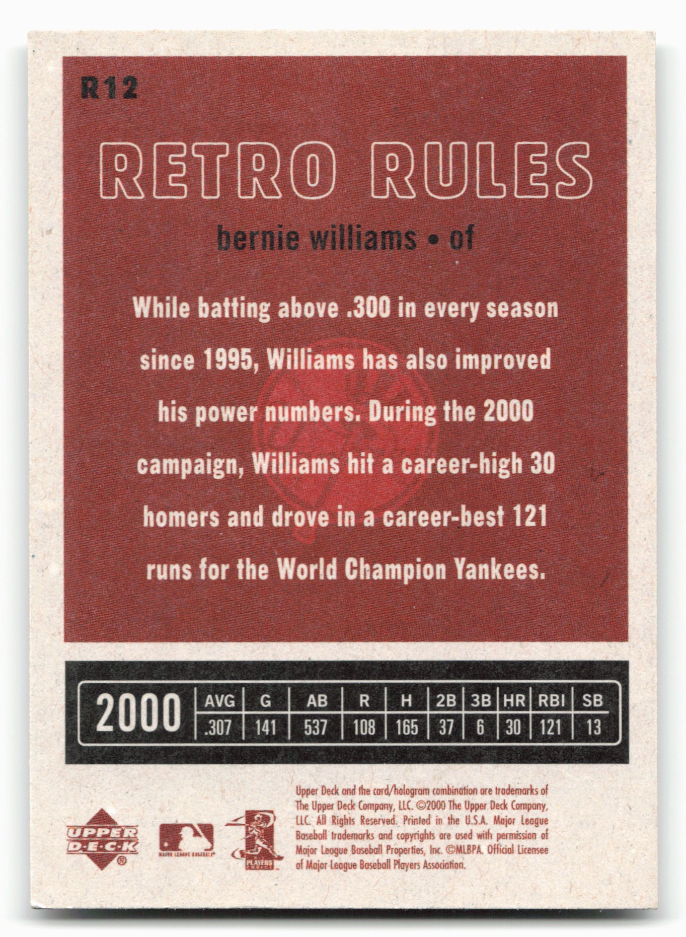 2001 Upper Deck Vintage #R12 Bernie Williams Retro Rules
