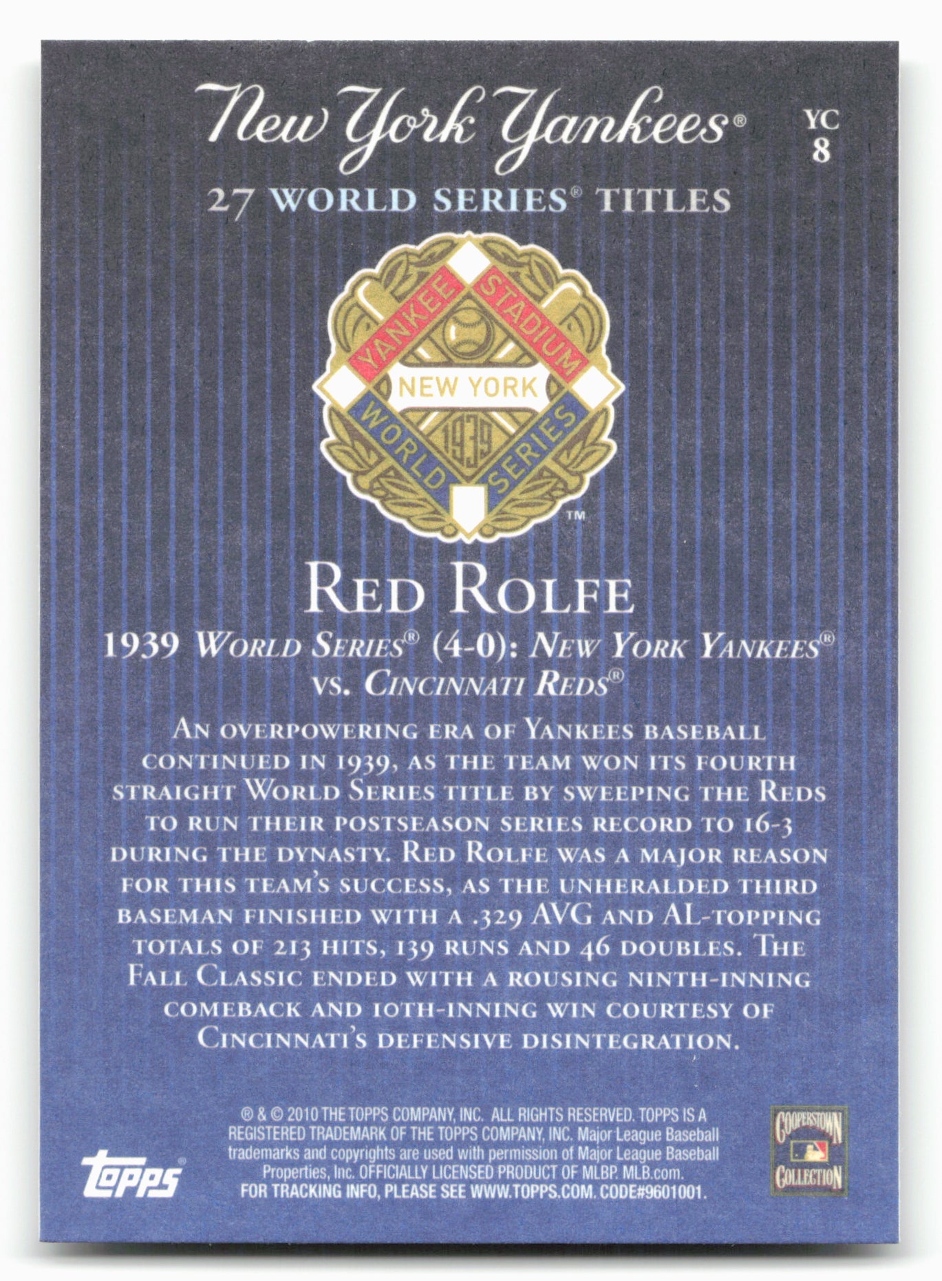 2010 Topps New York Yankees 27 World Series Championships #YC8 Red Rolfe