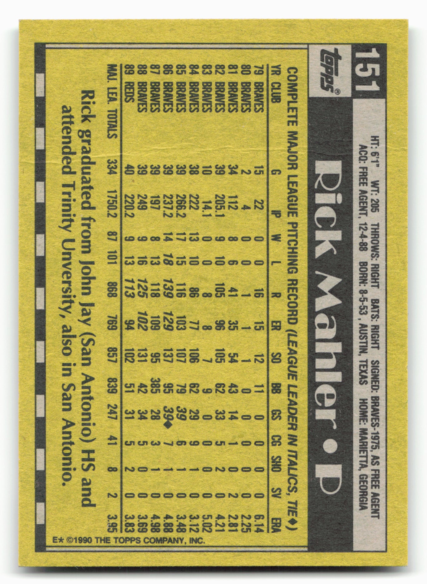1990 Topps #151 Rick Mahler