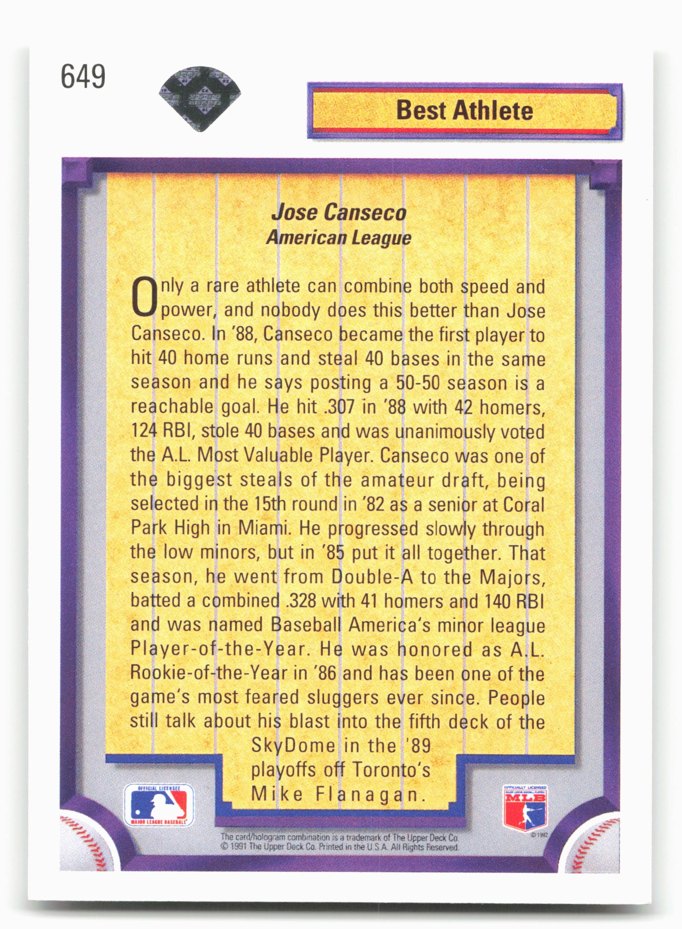 1992 Upper Deck #649 Jose Canseco