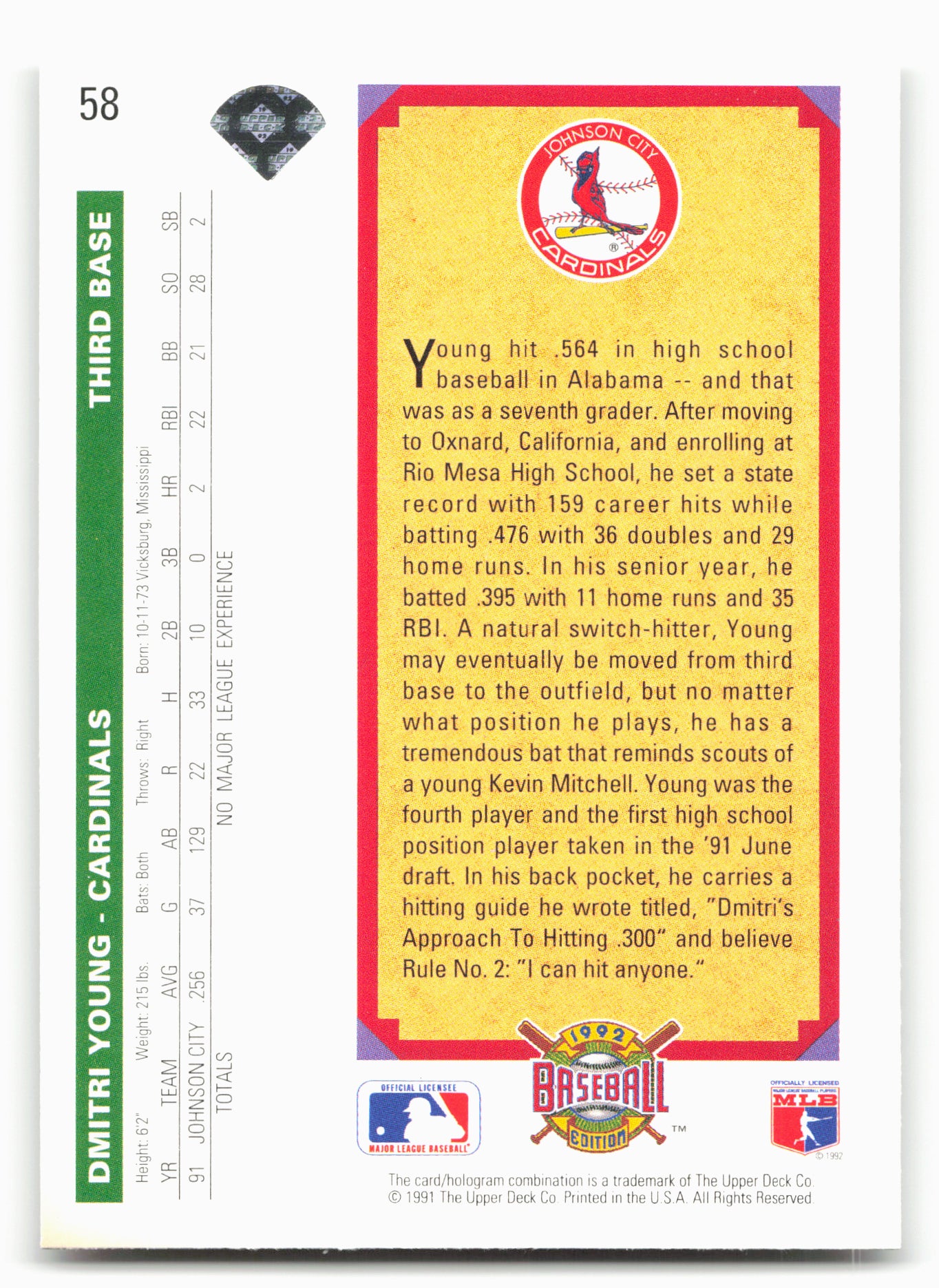 1992 Upper Deck #58 Dmitri Young