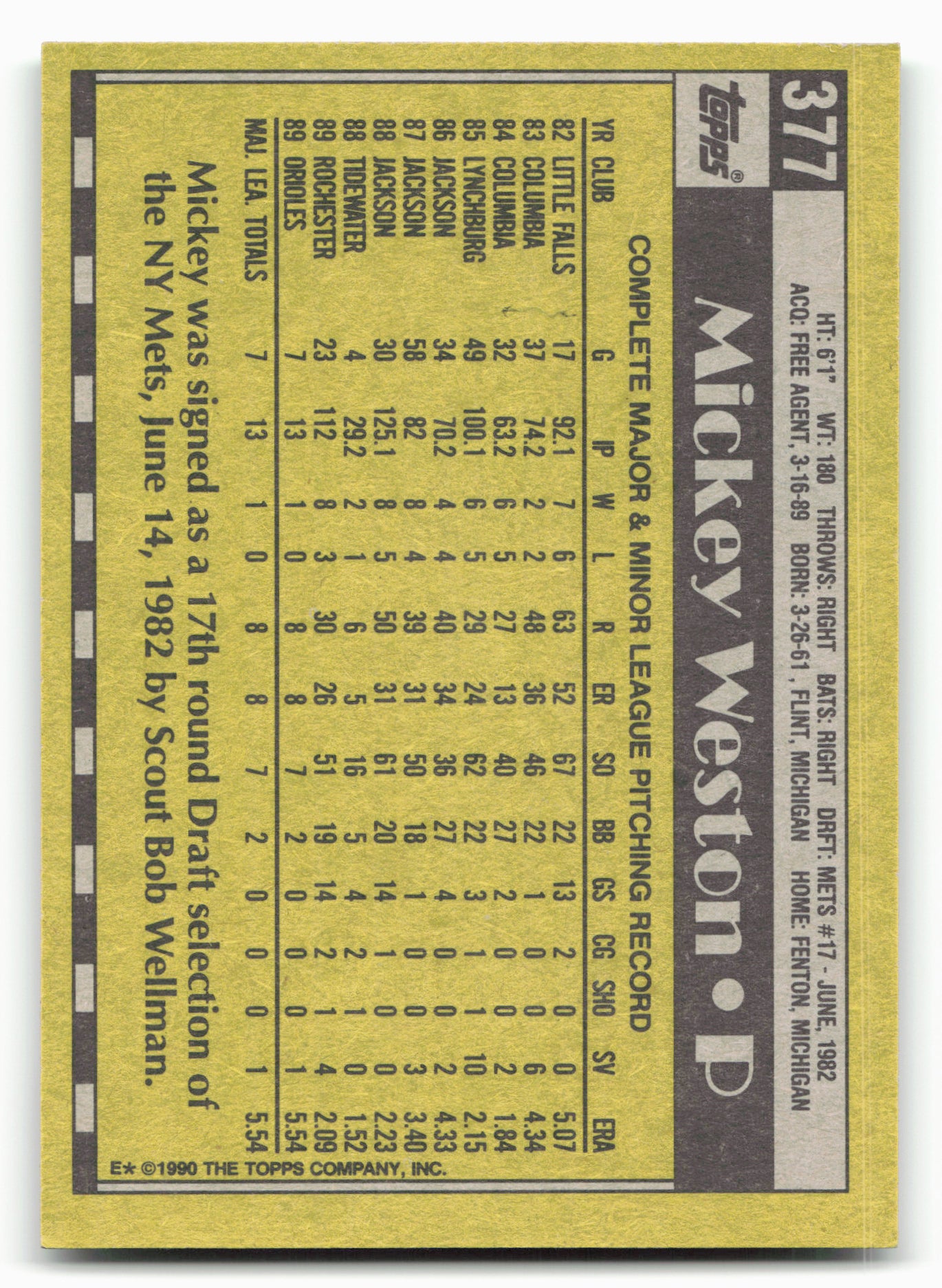 1990 Topps #377 Mickey Weston