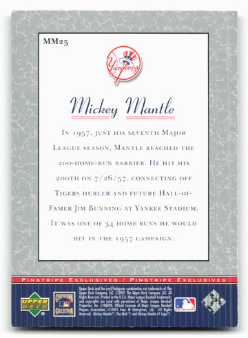 2001 Upper Deck #MM25 Mickey Mantle Pinstripe Exclusives Mickey Mantle