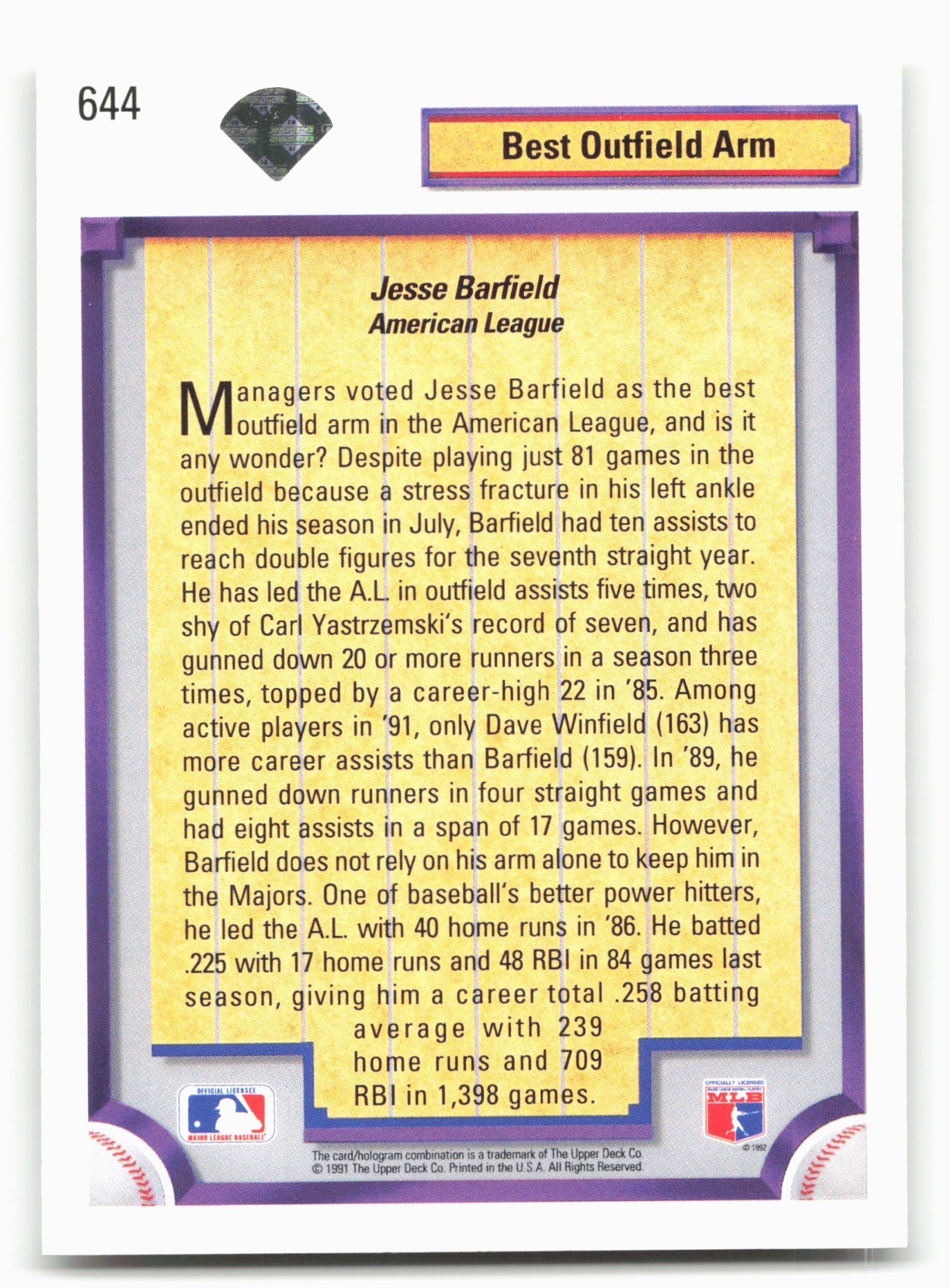 1992 Upper Deck #644 Jesse Barfield