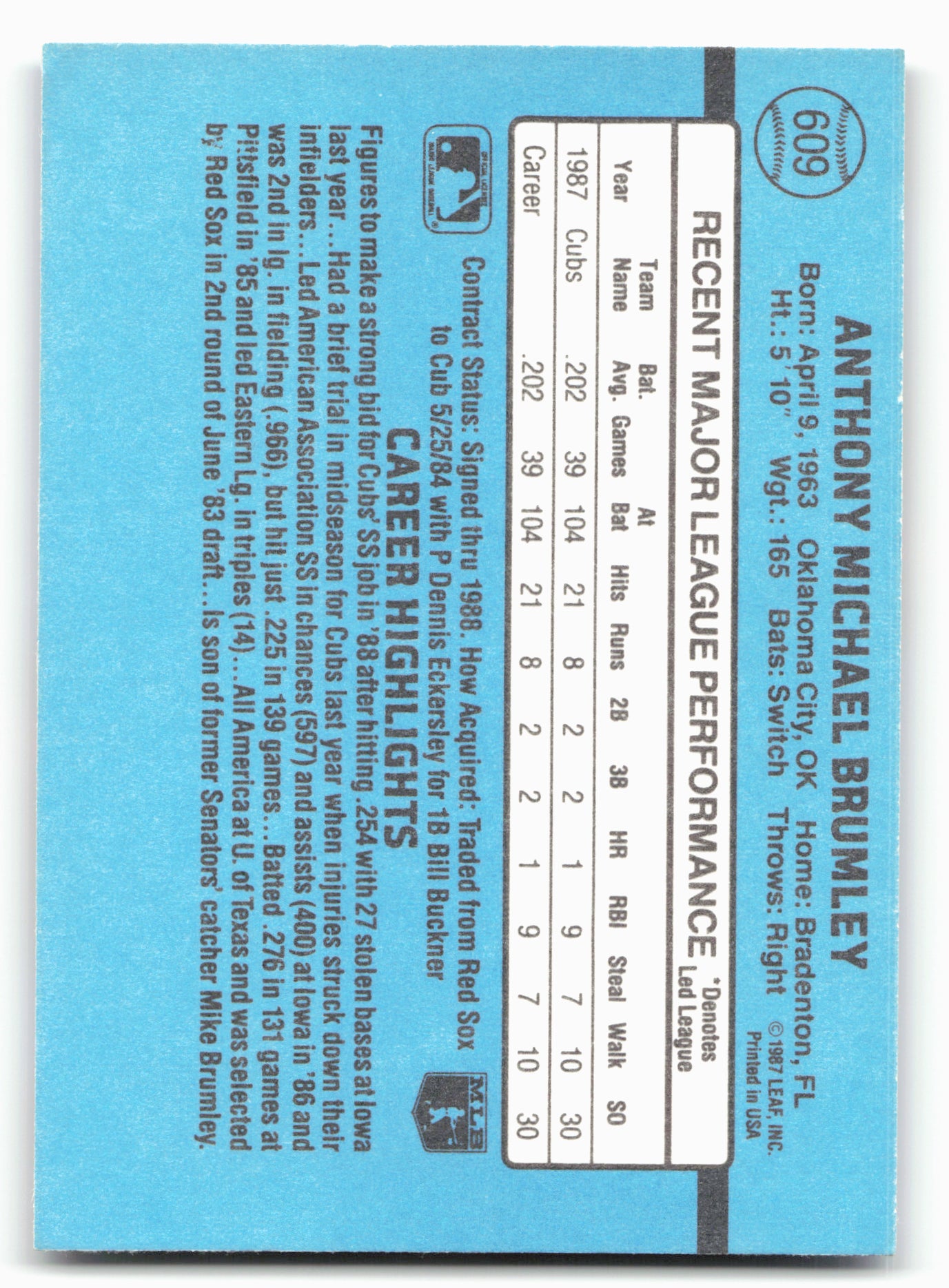 1988 Donruss #609 Mike Brumley