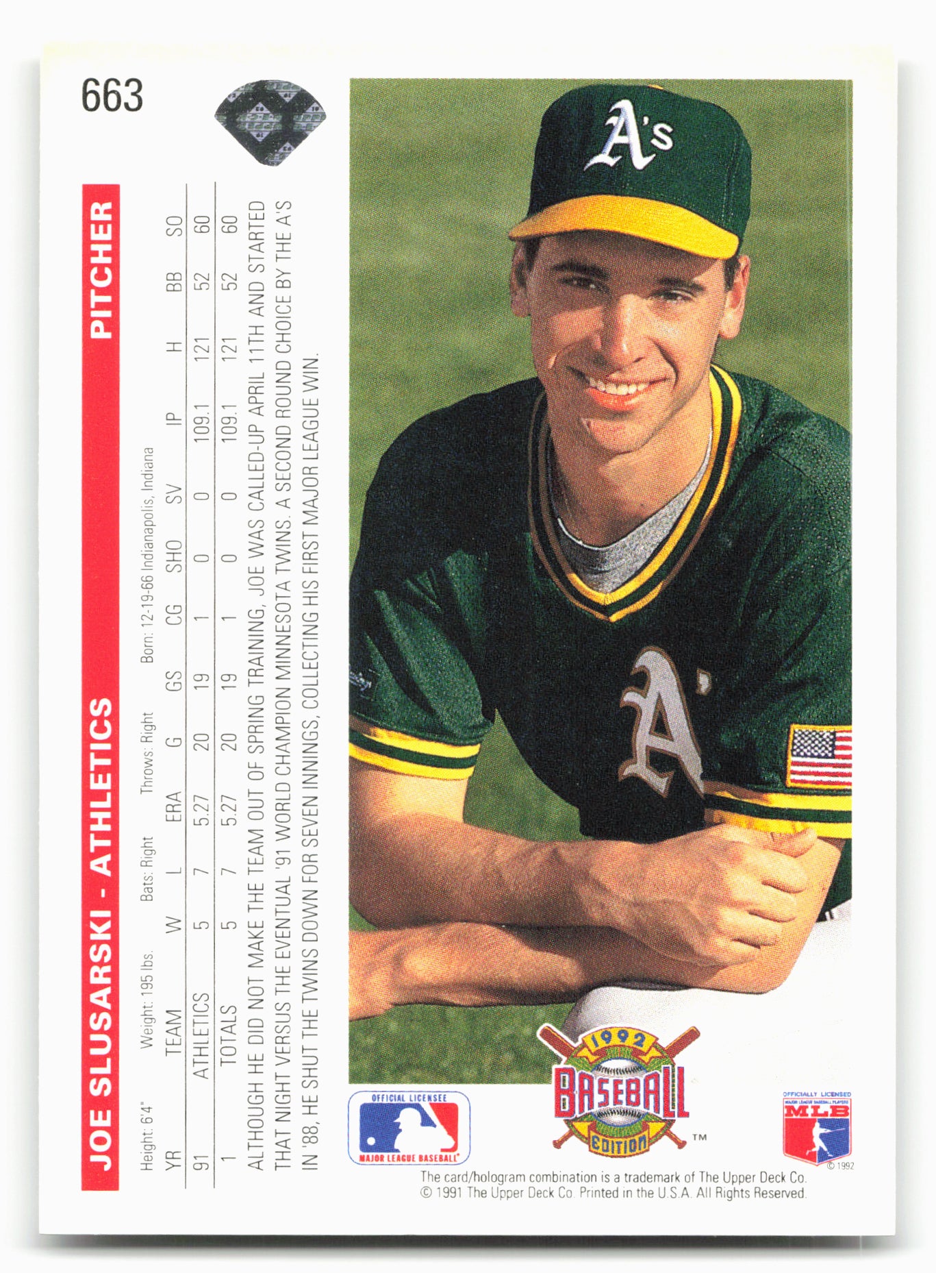 1992 Upper Deck #663 Joe Slusarski