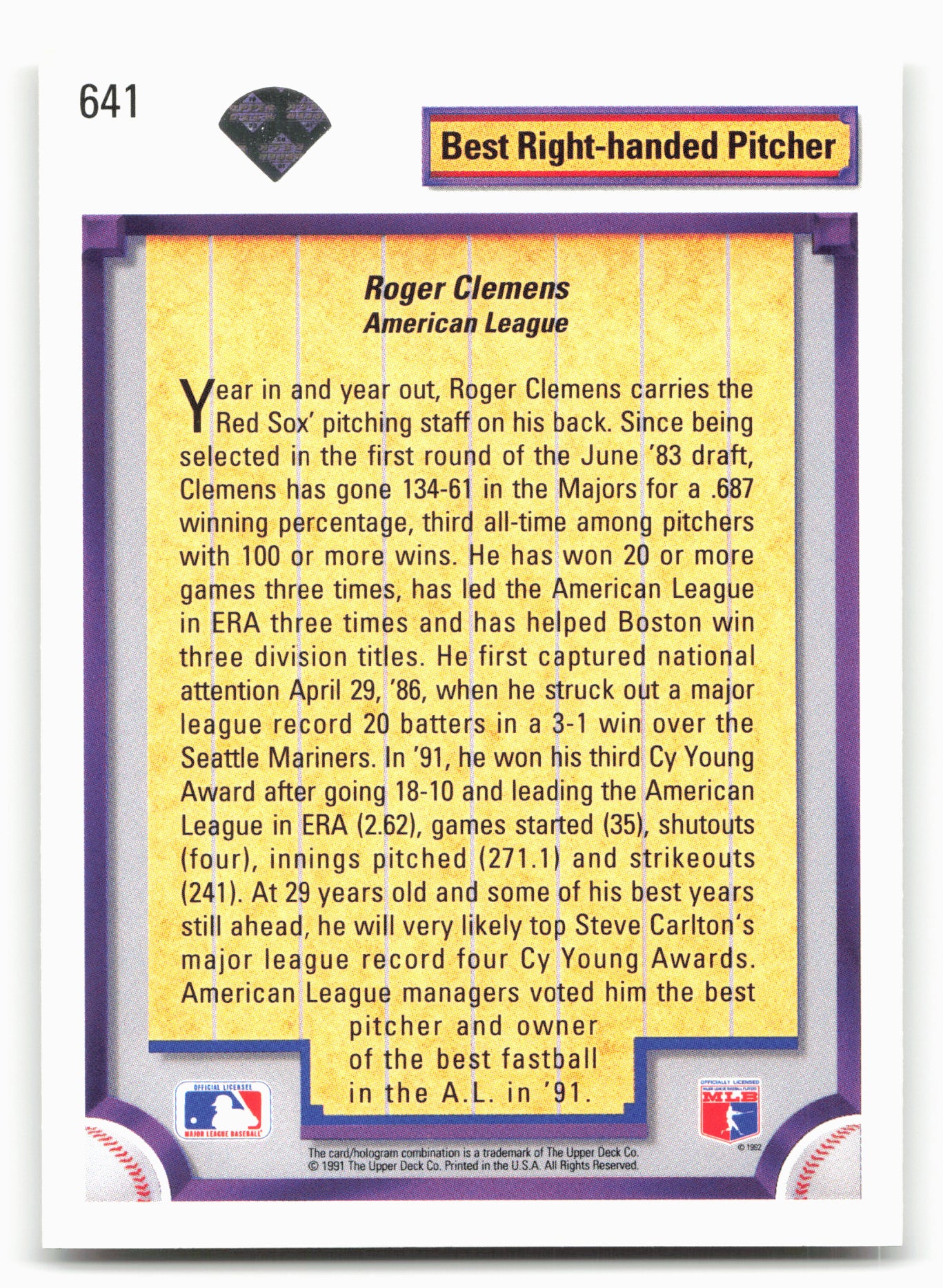 1992 Upper Deck #641 Roger Clemens