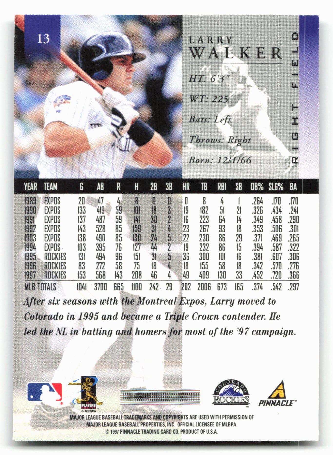 1998 Pinnacle #13 Larry Walker