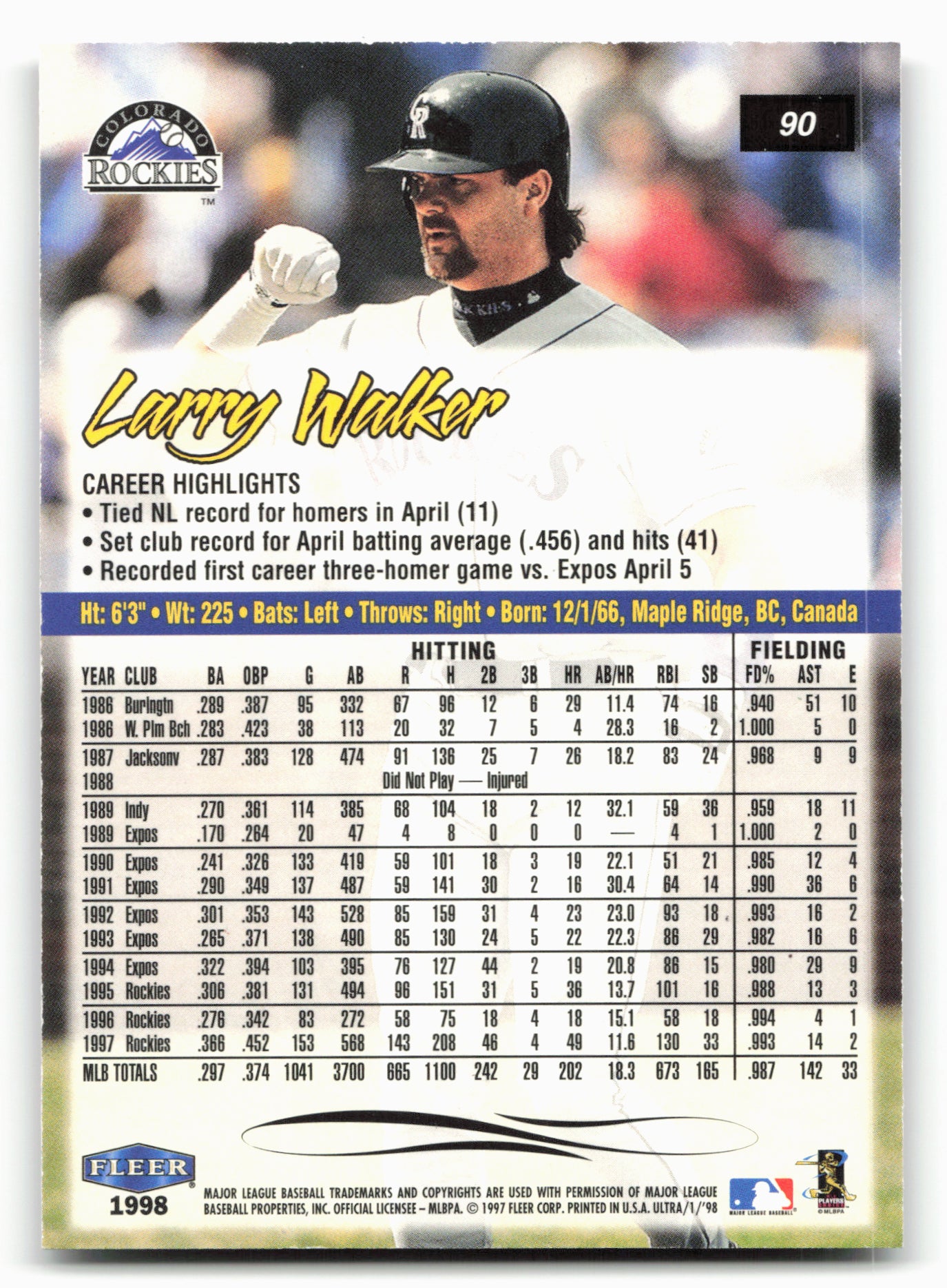 1998 Ultra #90 Larry Walker