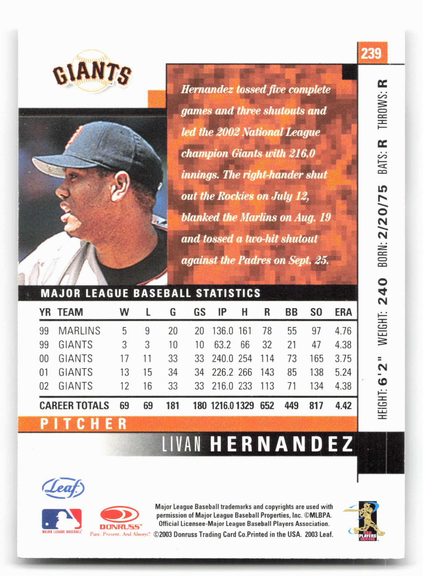 2003 Leaf #239 Livan Hernandez