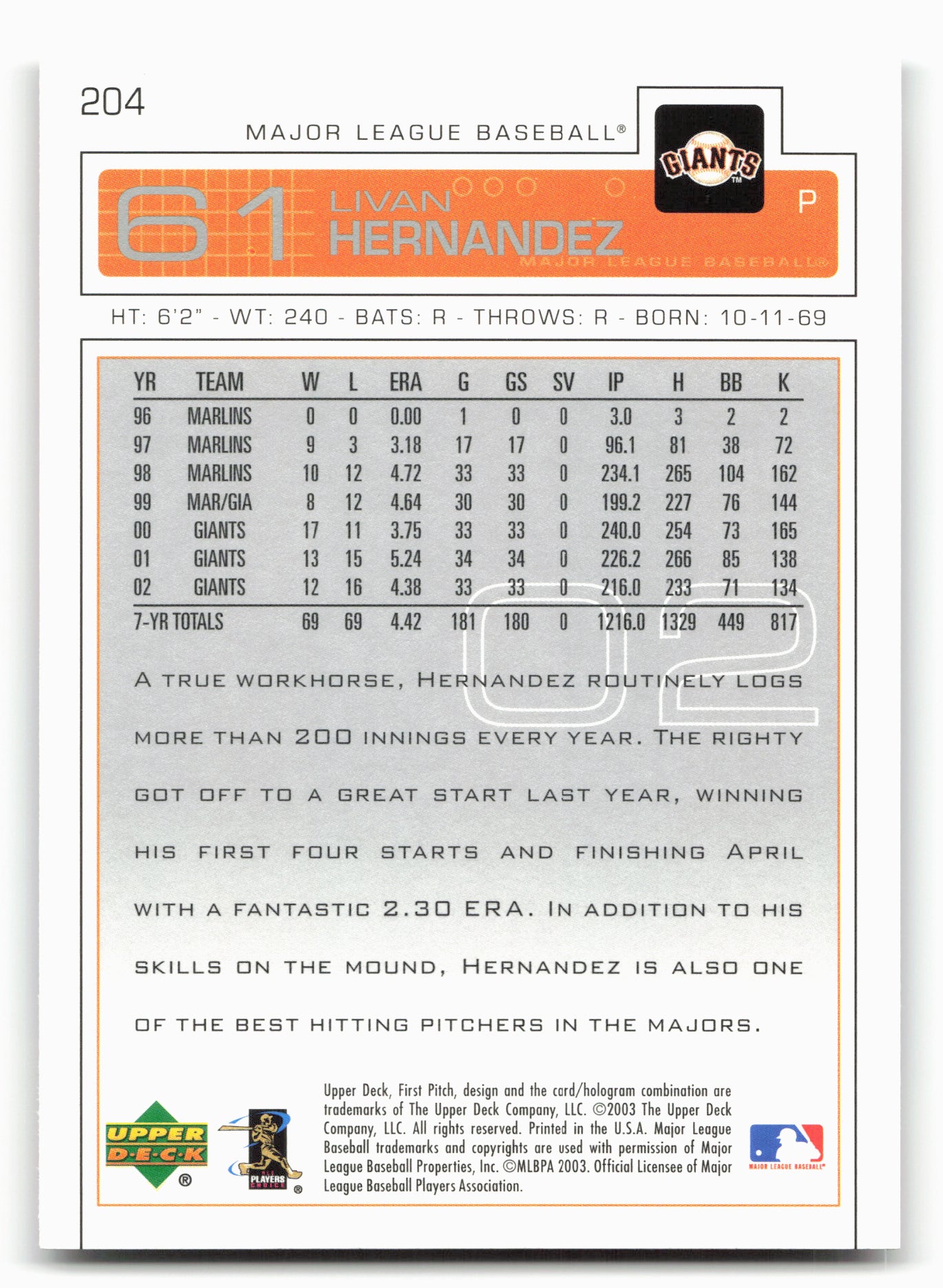 2003 Upper Deck First Pitch #204 Livan Hernandez