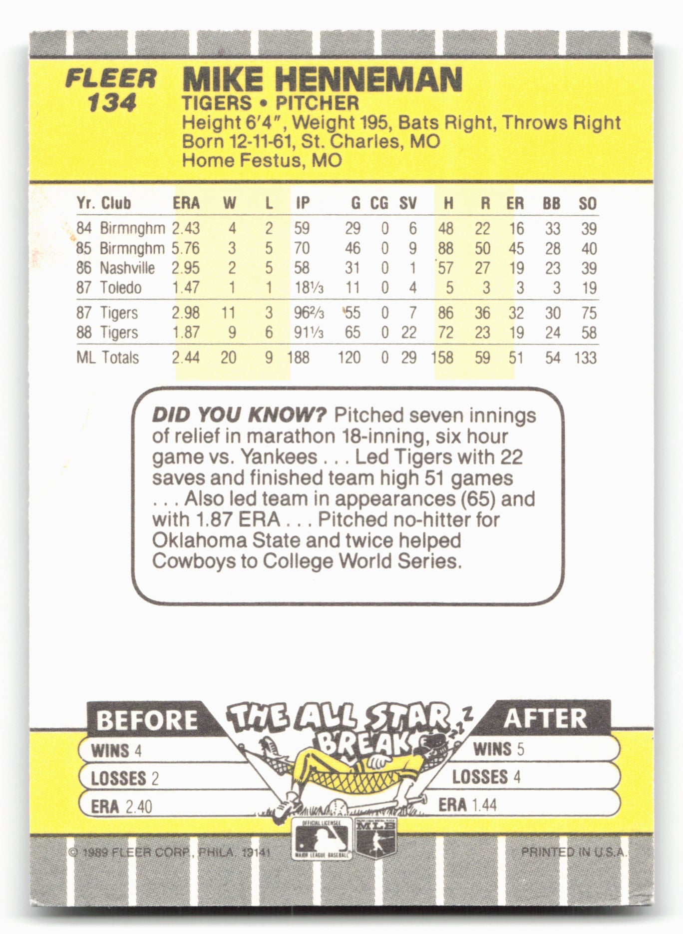 1989 Fleer #134 Mike Henneman