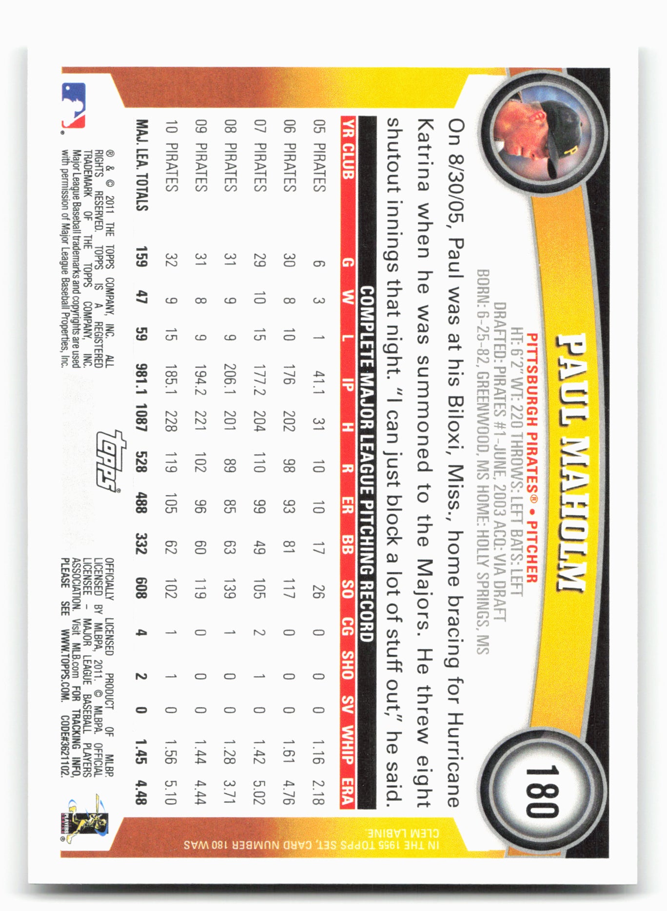 2011 Topps #180 Paul Maholm