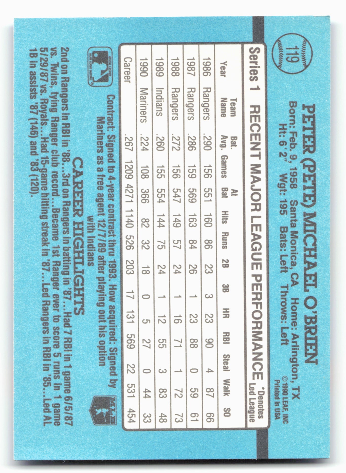 1991 Donruss #119b Pete O'Brien