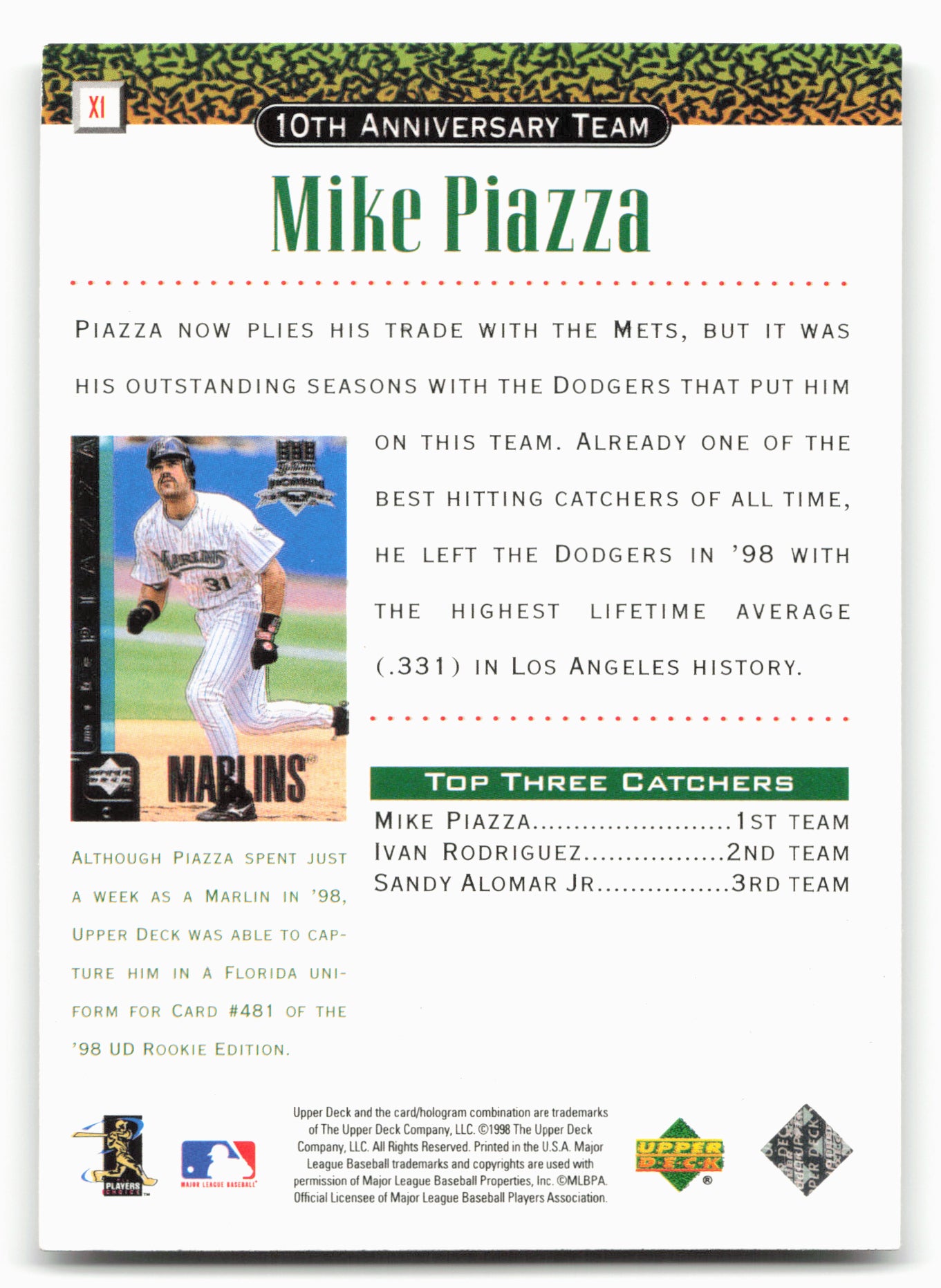 1999 Upper Deck #X1 Mike Piazza 10th Anniversary Team