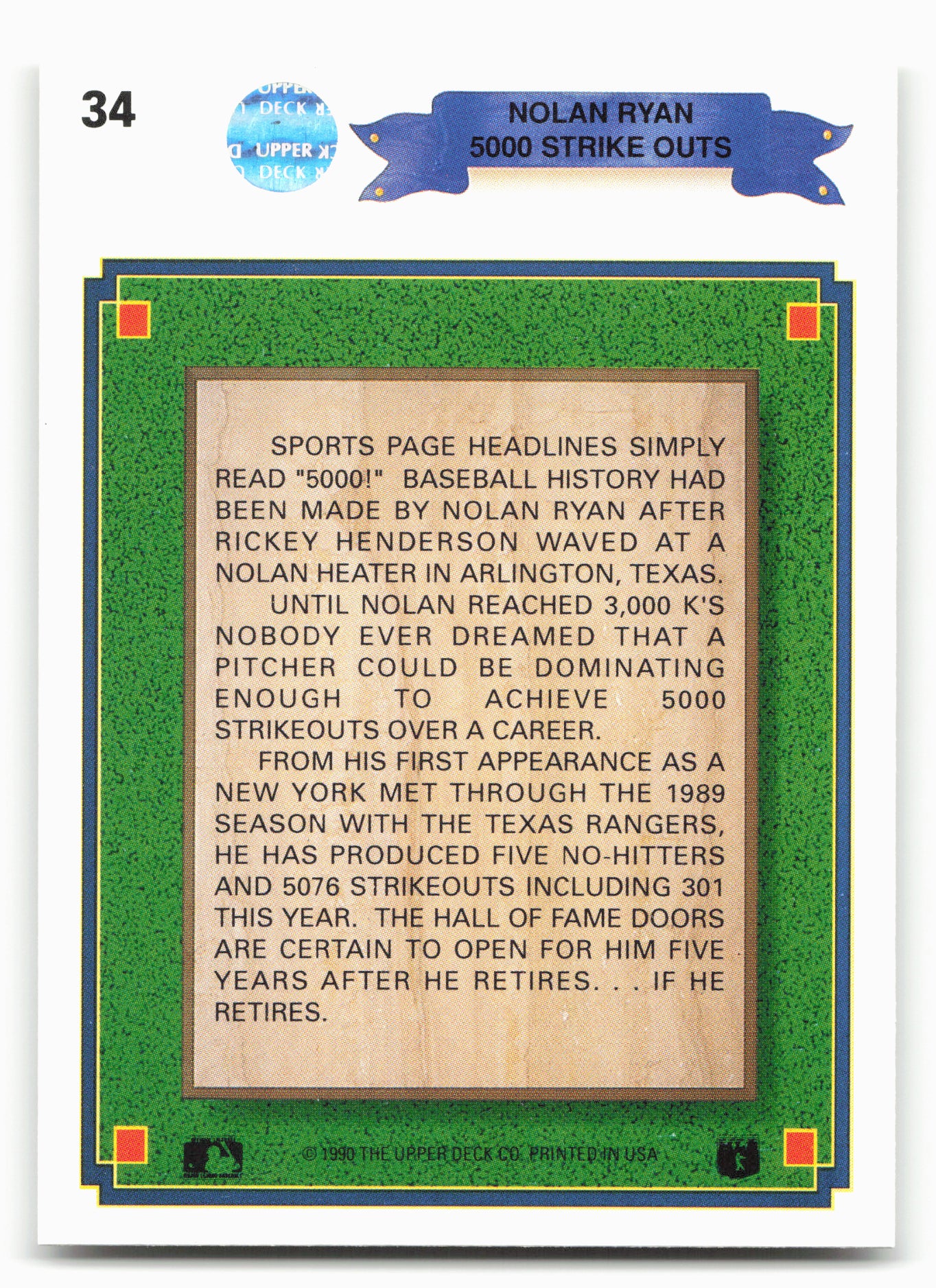 1990 Upper Deck #34 Nolan Ryan