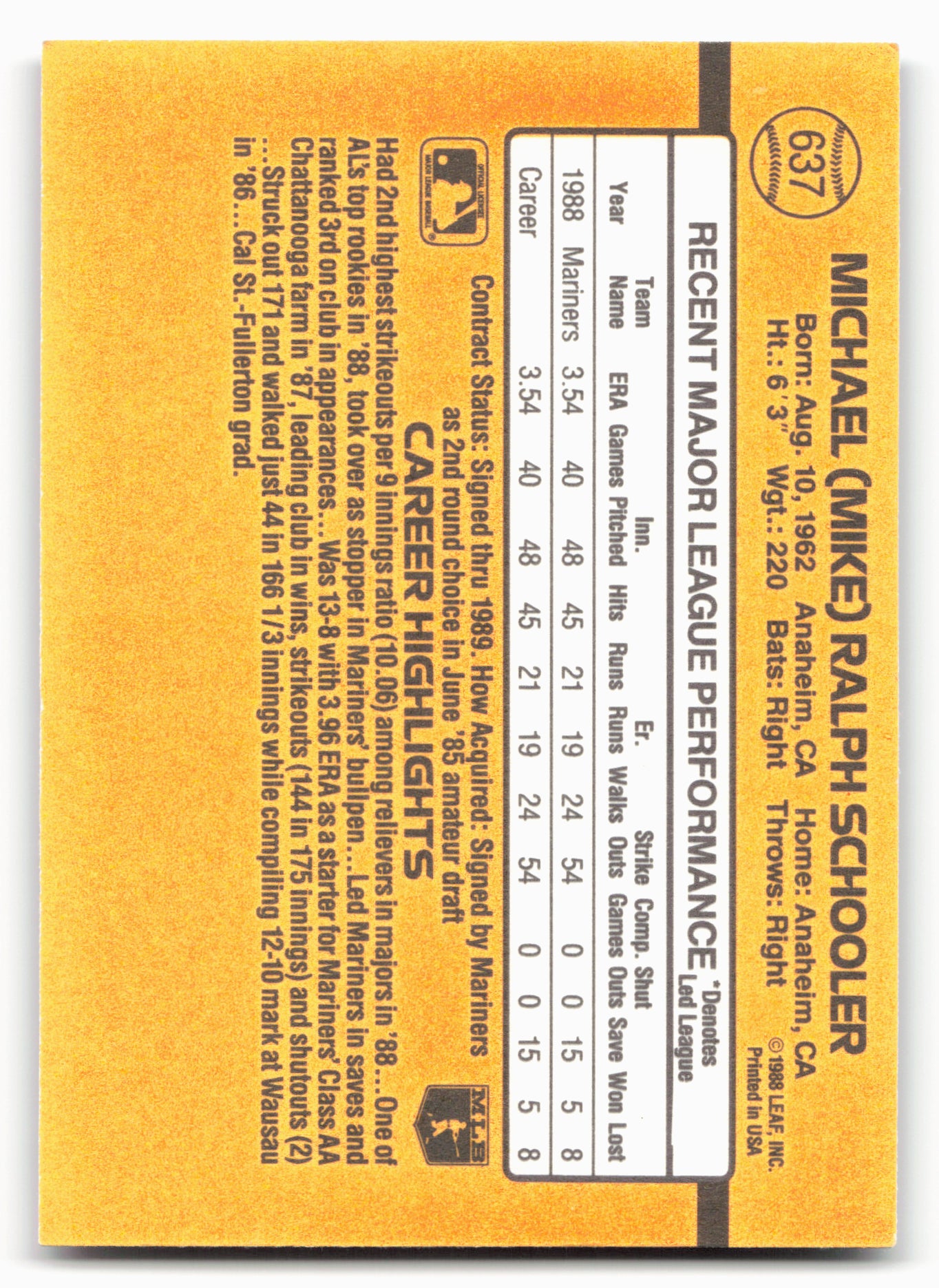 1989 Donruss #637d Mike Schooler