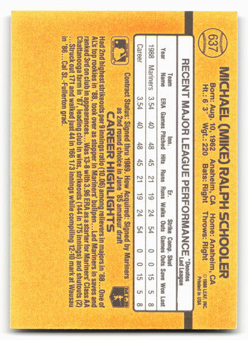 1989 Donruss #637d Mike Schooler