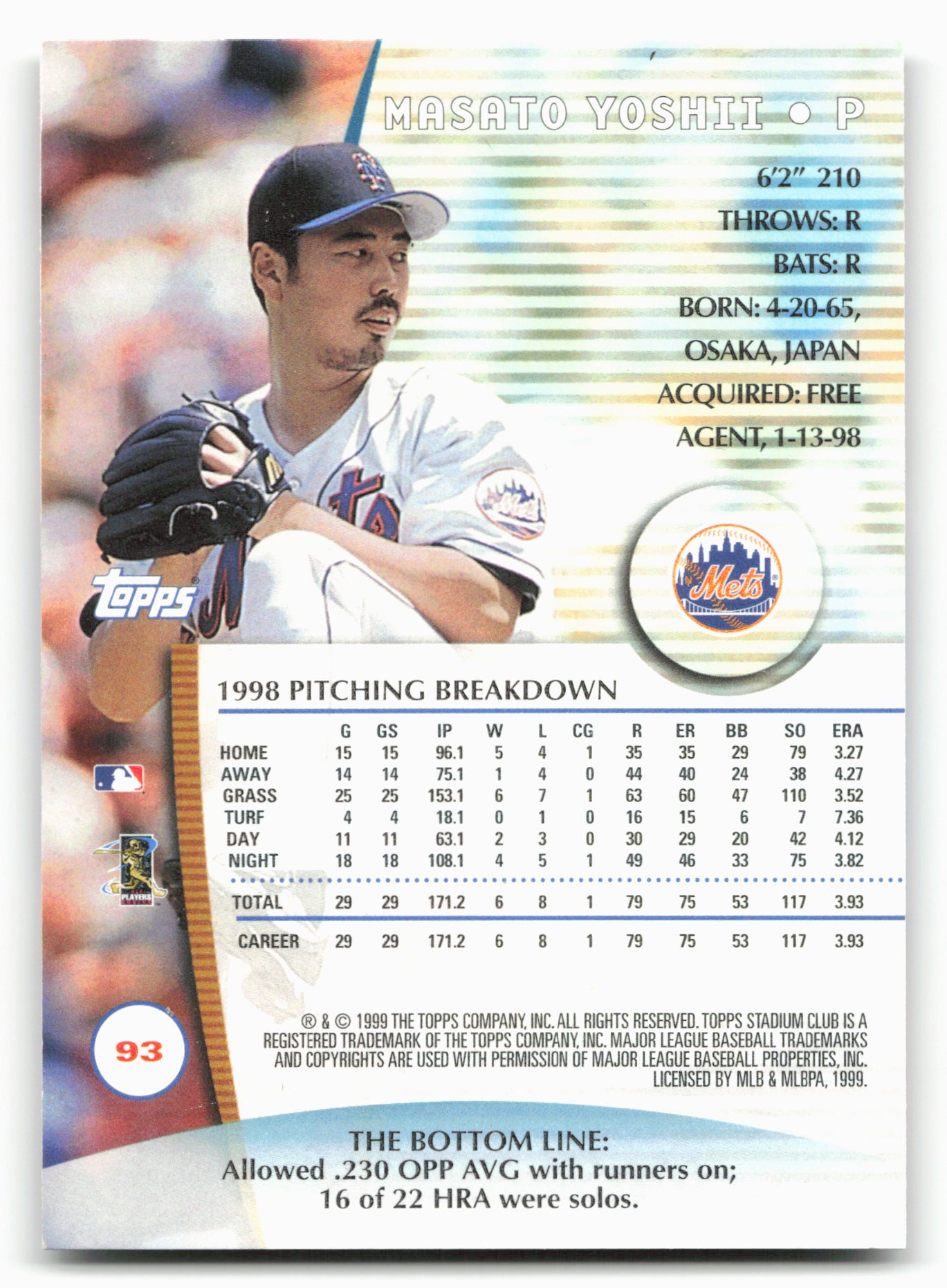 1999 Stadium Club #93 Masato Yoshii